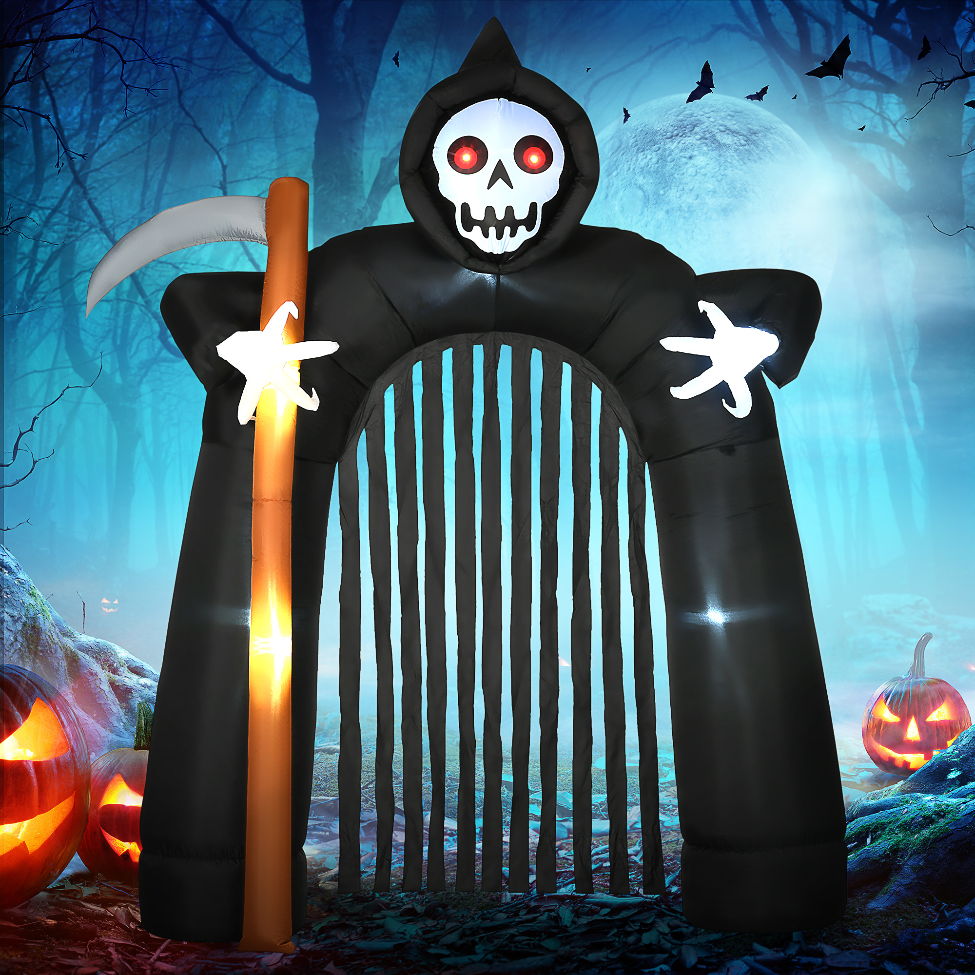 große Halloween-Gartendekoration Sensenmann-Torbogen selbstaufblasbar LED-Beleuchtung 2,85 m