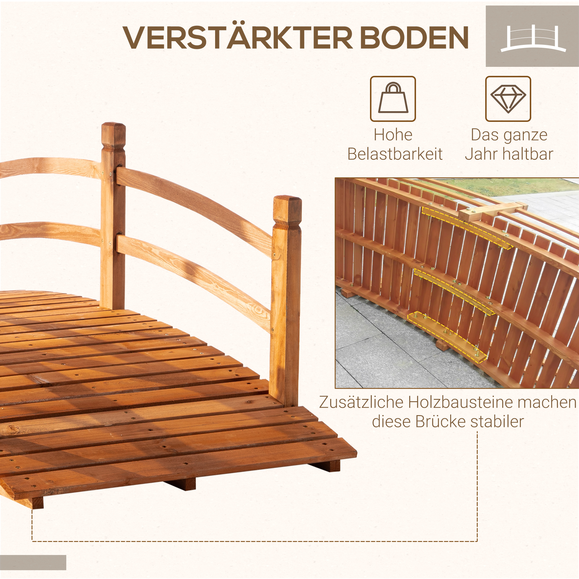 Gartenbrücke 1,85 m Holzbrücke begehbar Holzsteg Teichbrücke Zierbrücke mit Geländer bis 200 kg Massivholz Orange