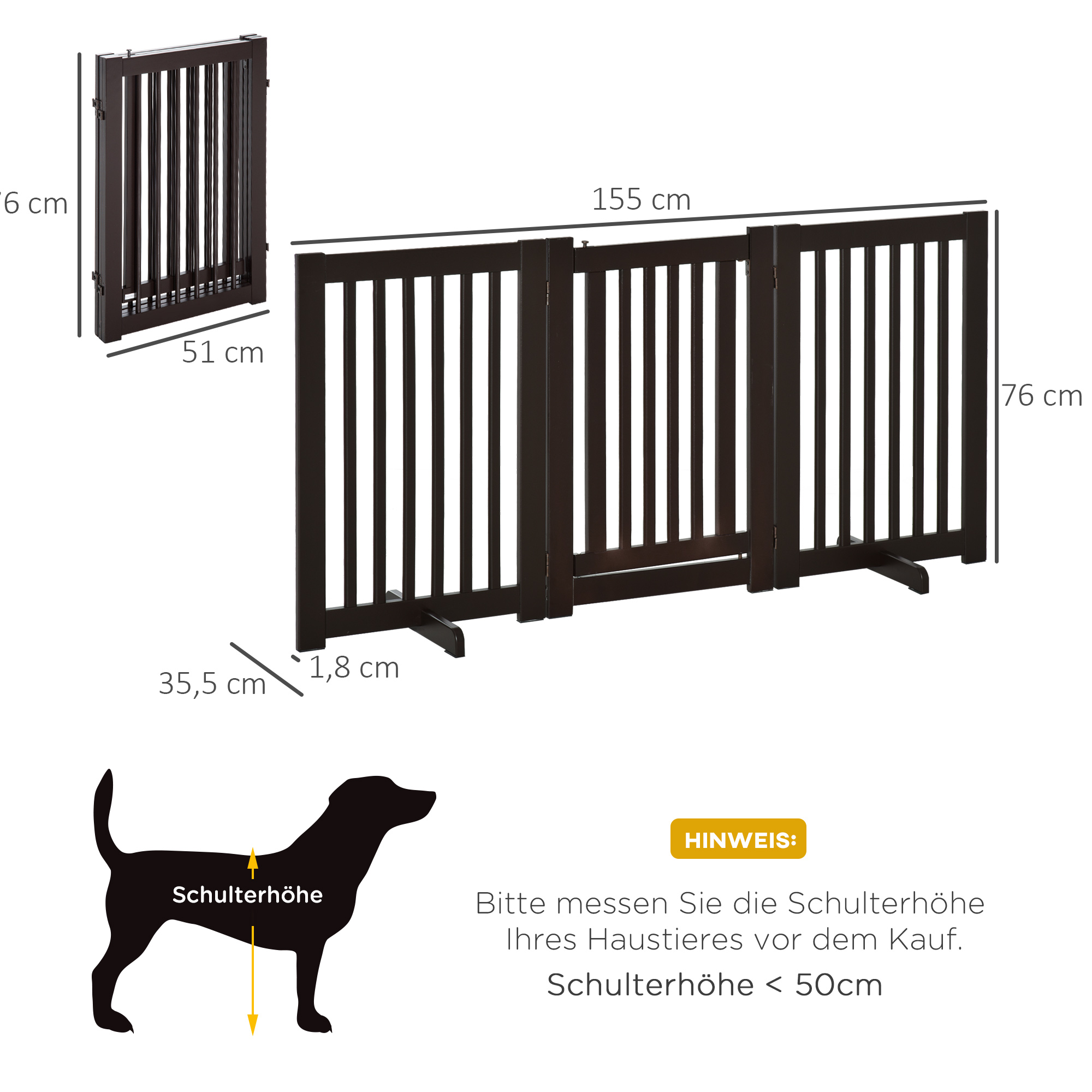 Absperrgitter Hund Freistehendes Verstellbares Schutzgitter mit Füßen 155 x 76 cm Holz Hundegitter Klappbar Treppenschutzgitter für Treppen, Türen, Küche, Flur, 3 Paneelen, Dunkelbraun