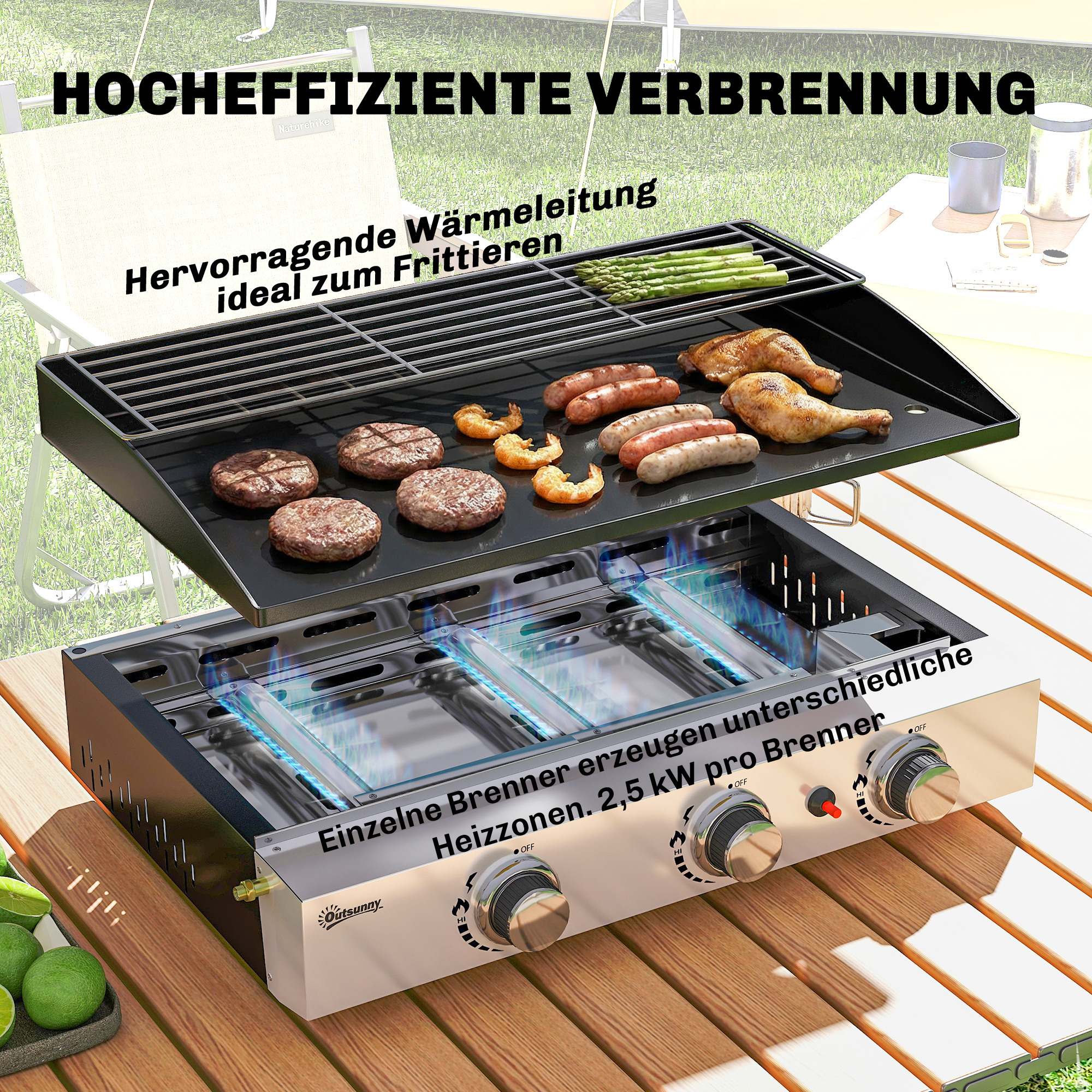 Gasgrill 7,5 KW Tragbarer Tischgrill mit 3 Brenner Keramische Lackbeschichtung Grillrost Warmhalterost