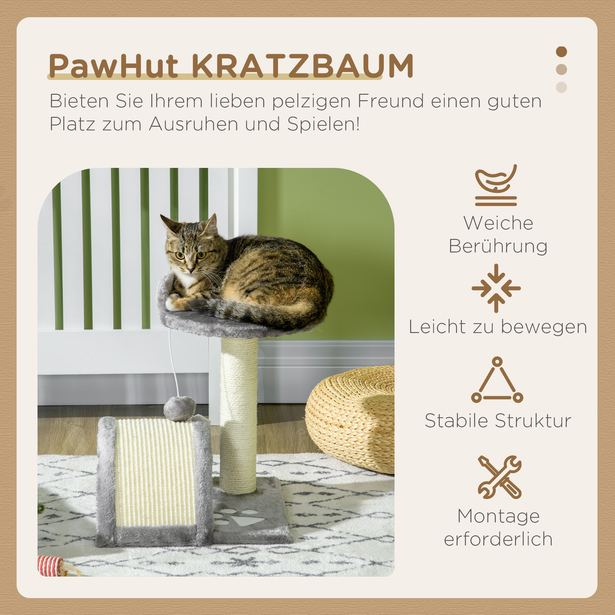 Kratzbaum 46 cm Kleiner Katzenturm mit Höhle, Spielball, Sisal-Seil, erhöhter Plattform, Katzenkratzbaum, Kletterbaum, für Katzen bis zu 4 kg, Grau