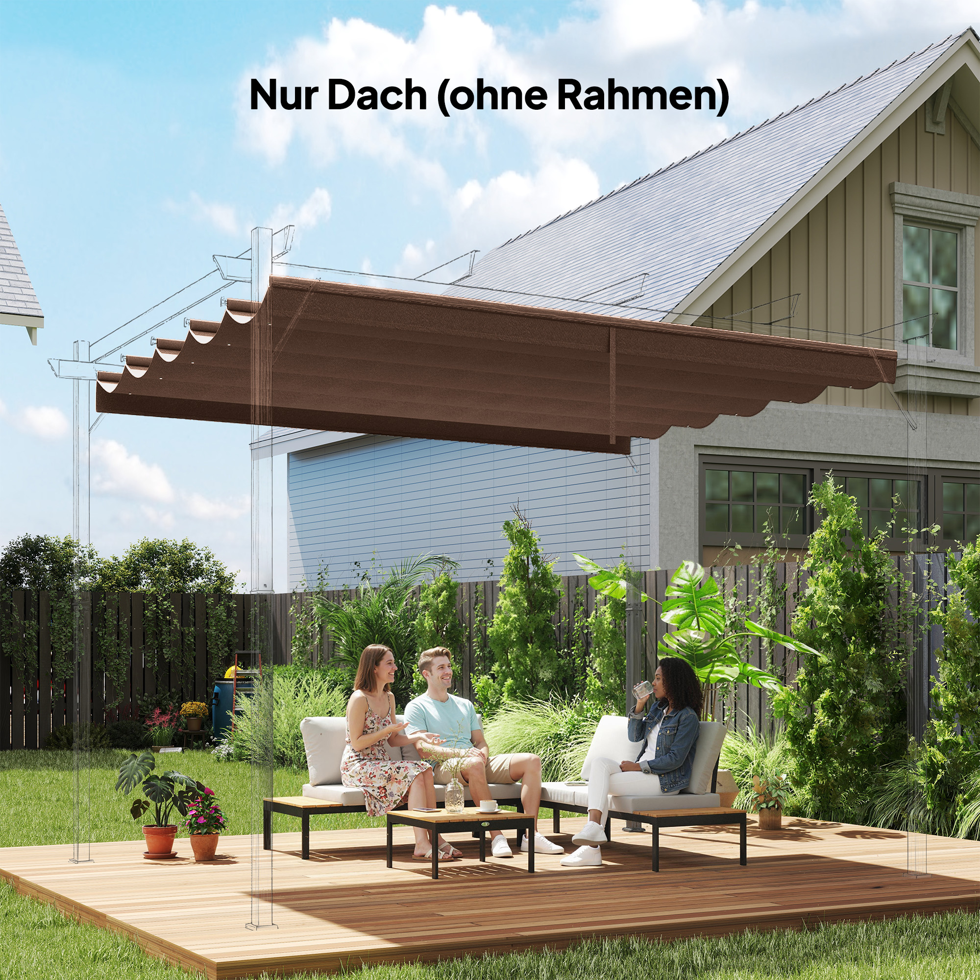 Ersatzdach für 3 x 3 m Pergola, einziehbar, mit Regenabflusslöchern, wetterfest, Polyester, Kaffee