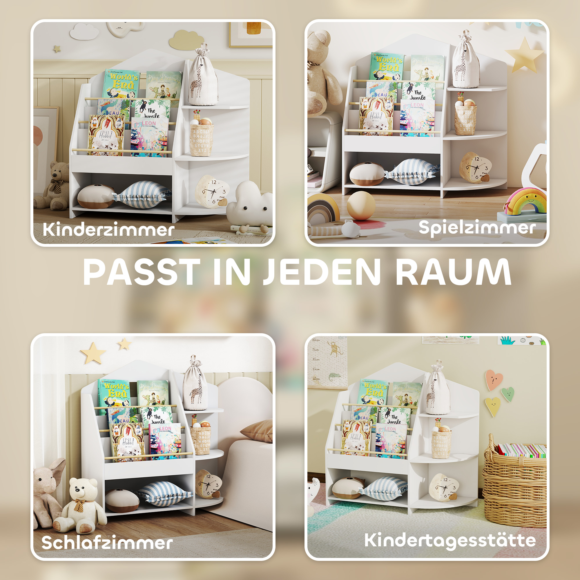 Kinderregal mit 7 Regalen für Bücher, Spielzeug, runde Kanten, trägt 40 kg, Weiß