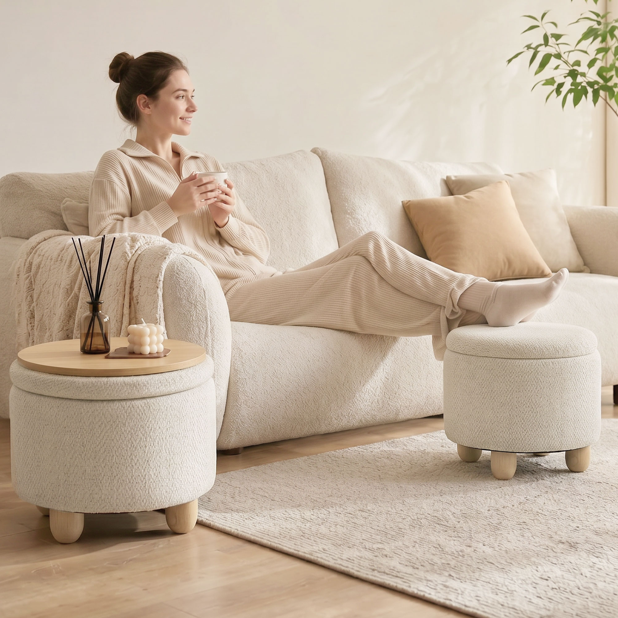Hocker mit Stauraum, Runder Sitzhocker mit Deckel, Leinenoptik für Wohnzimmer, Schlafzimmer, 38,5x38,5x33,5 cm Beige