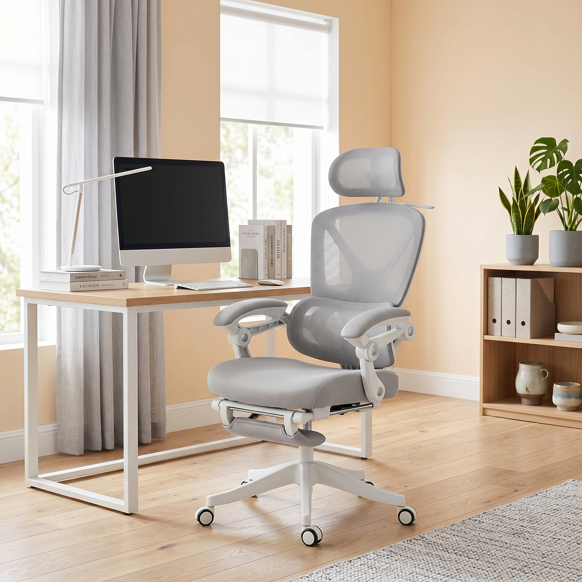 Bürostuhl, Ergonomischer Schreibtischstuhl mit Fußstütze, Wippfunktion, Armlehne, Netzstoff, Grau