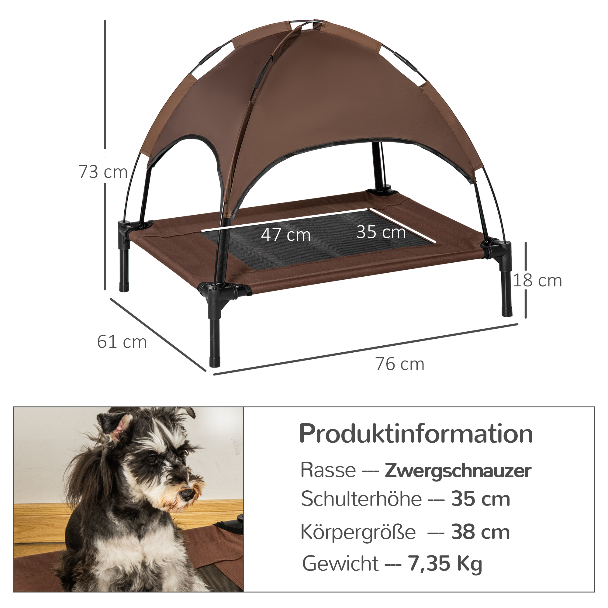 erhöhtes Hundebett mit Baldachin, Haustierbett, Hundeliege outdoor mit Dach, Atmungsaktiv, Taftstoff für Camping Kaffee 76 x 61 x 73 cm