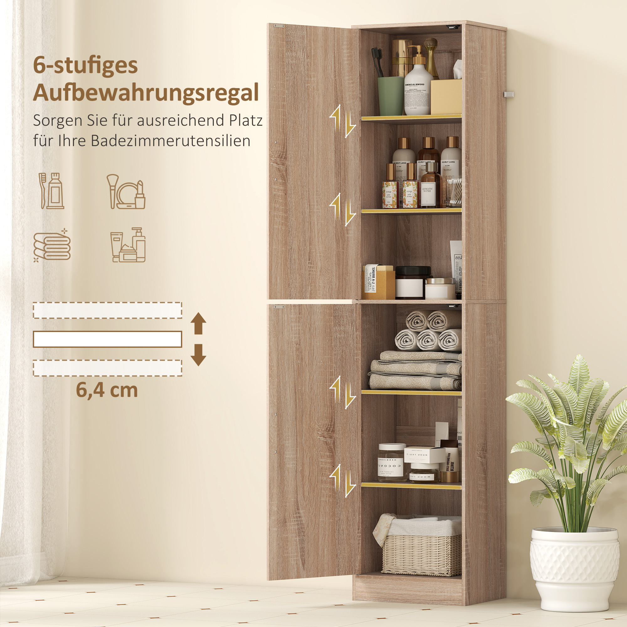 180 cm hoher Badezimmerschrank, schmaler Badschrank mit 2 Türen, 4 verstellbare Regale, Spanplatte, MDF, Naturholz