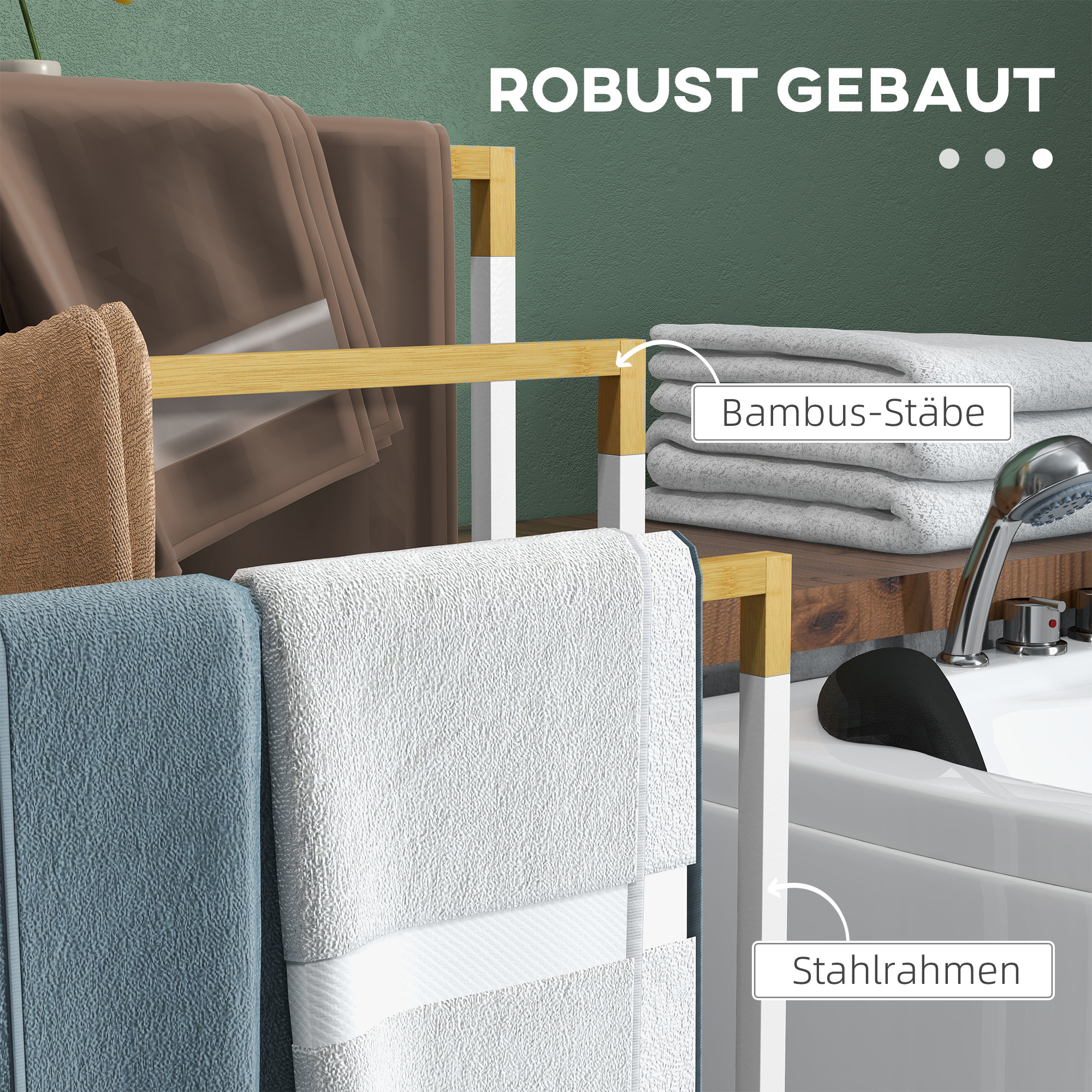 Handtuchhalter Handtuchalter-Set 3 Handtuchstangen, Industriedesign, Bambus, 45 x 22,5 x 86 cm, Weiß + Natur