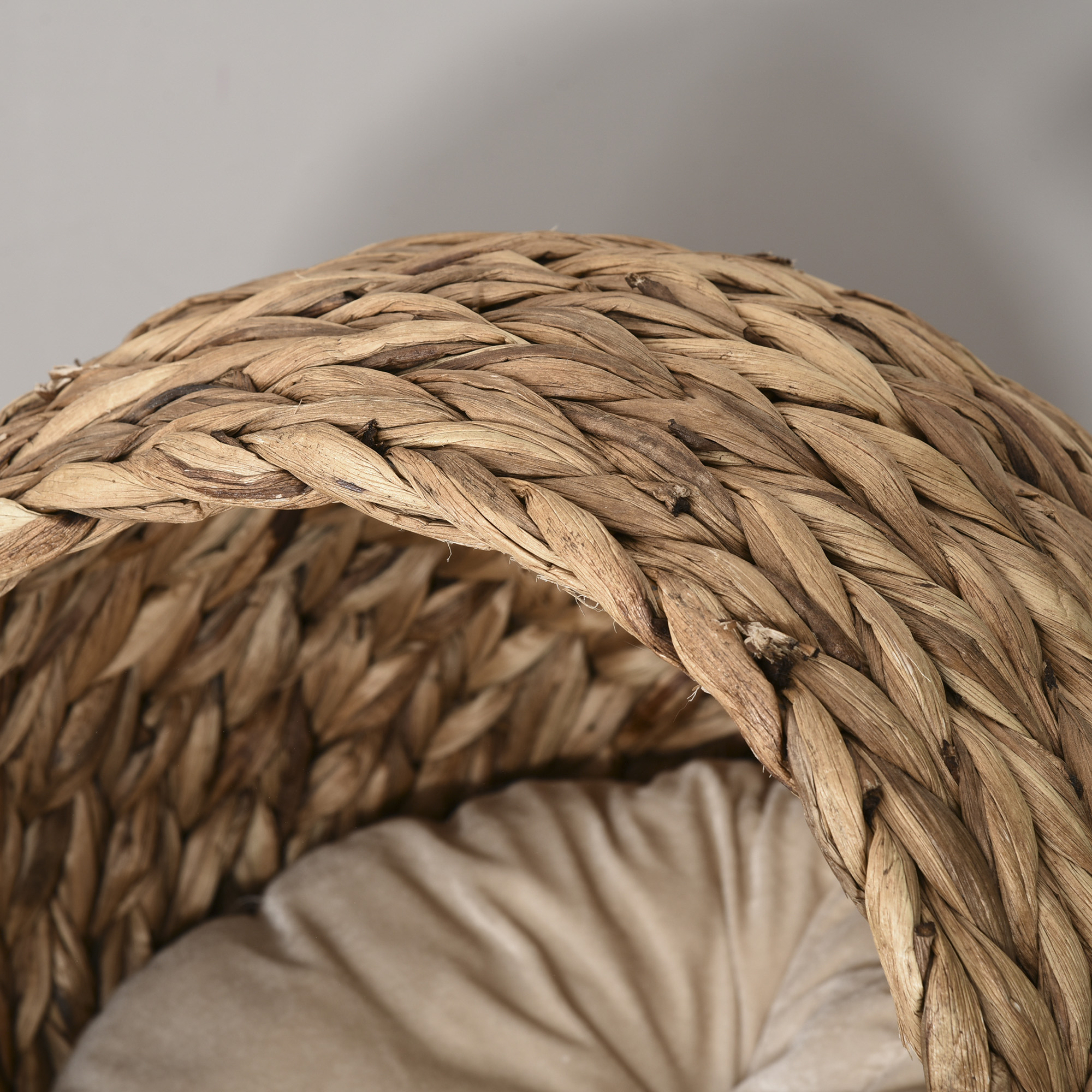 Rattan Katzenkorb Katzenhöhle Katzenhütte Katzenbett mit Kissen Haustierbett Wasserhyazinthe Braun 50 x 42 x 60 cm