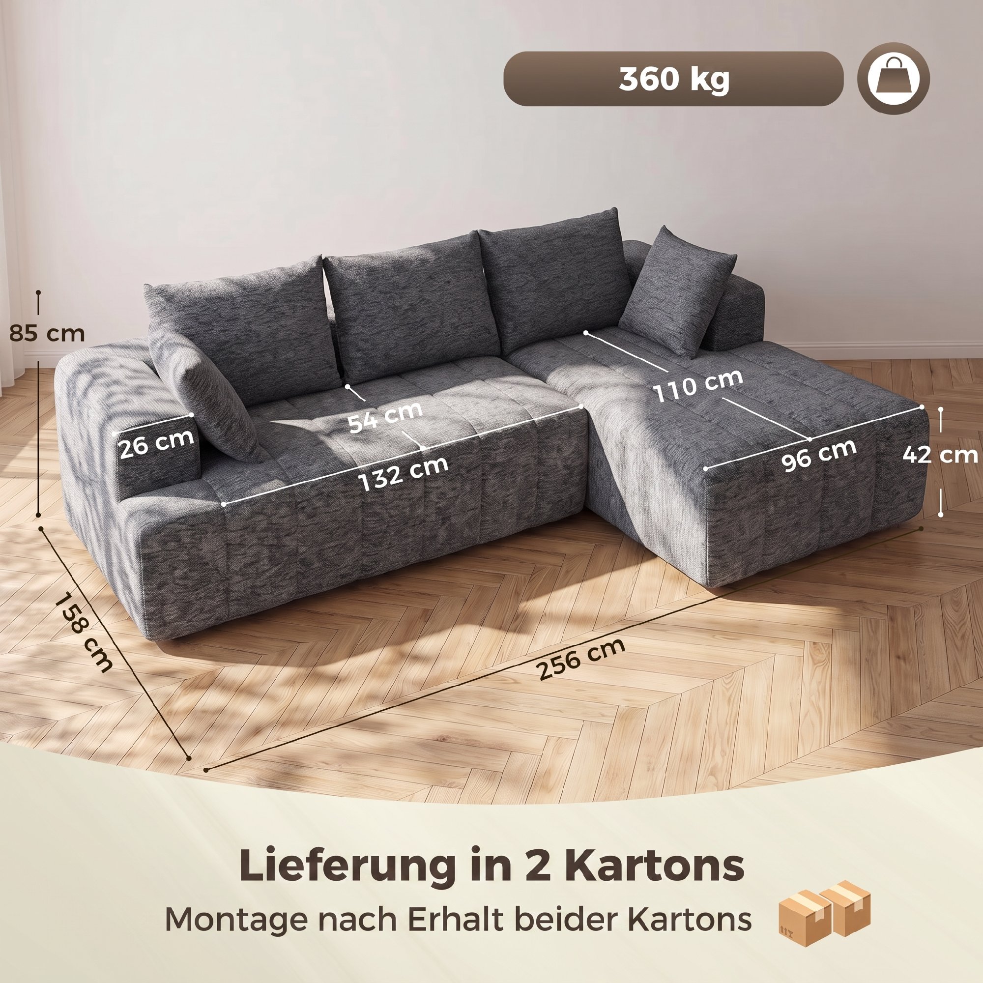 3-Sitzer Ecksofa in L-Form mit Ottomane, wandelbares Chenille-Cloud-Schlafsofa mit Federkernpolsterung, Grau