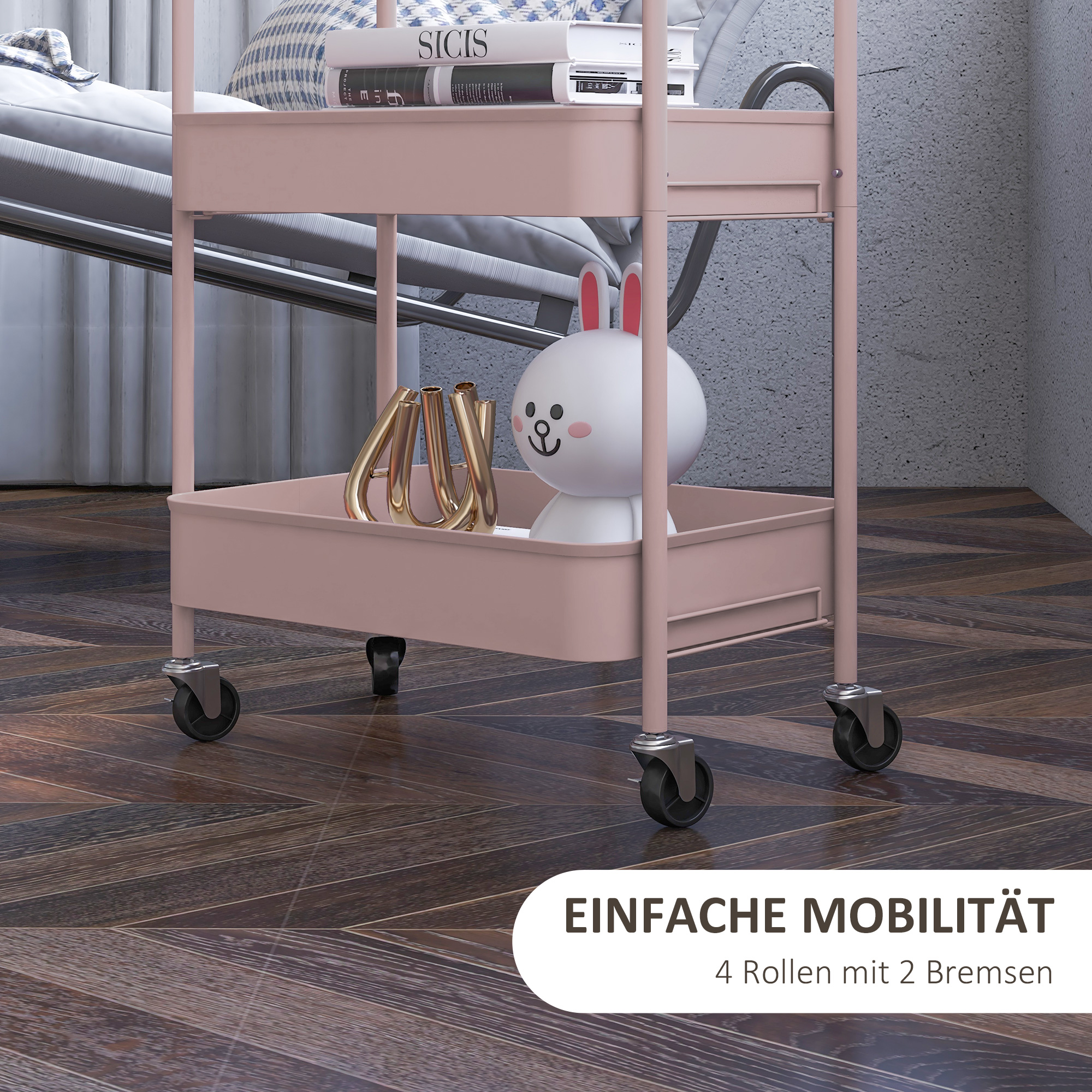 Mehrzweckwagen Rollwagen Küchenwagen, 3 Regale, 4 Rollen, 45 cm x 30,6 cm x 79 cm, Rosa