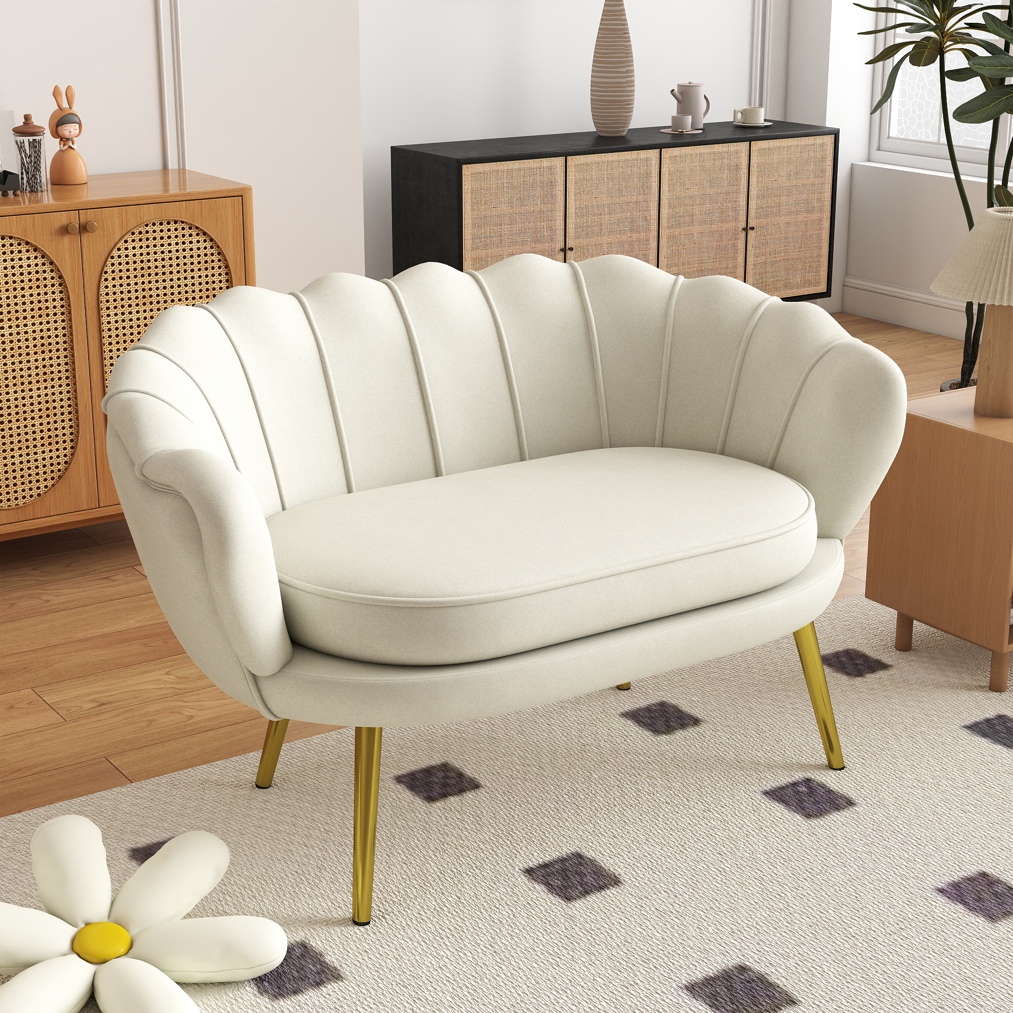 Vintage 2-Sitzer Sofa, Couch, Polstermöbel, Samtoptik, bis 150 kg, Creme/Gold