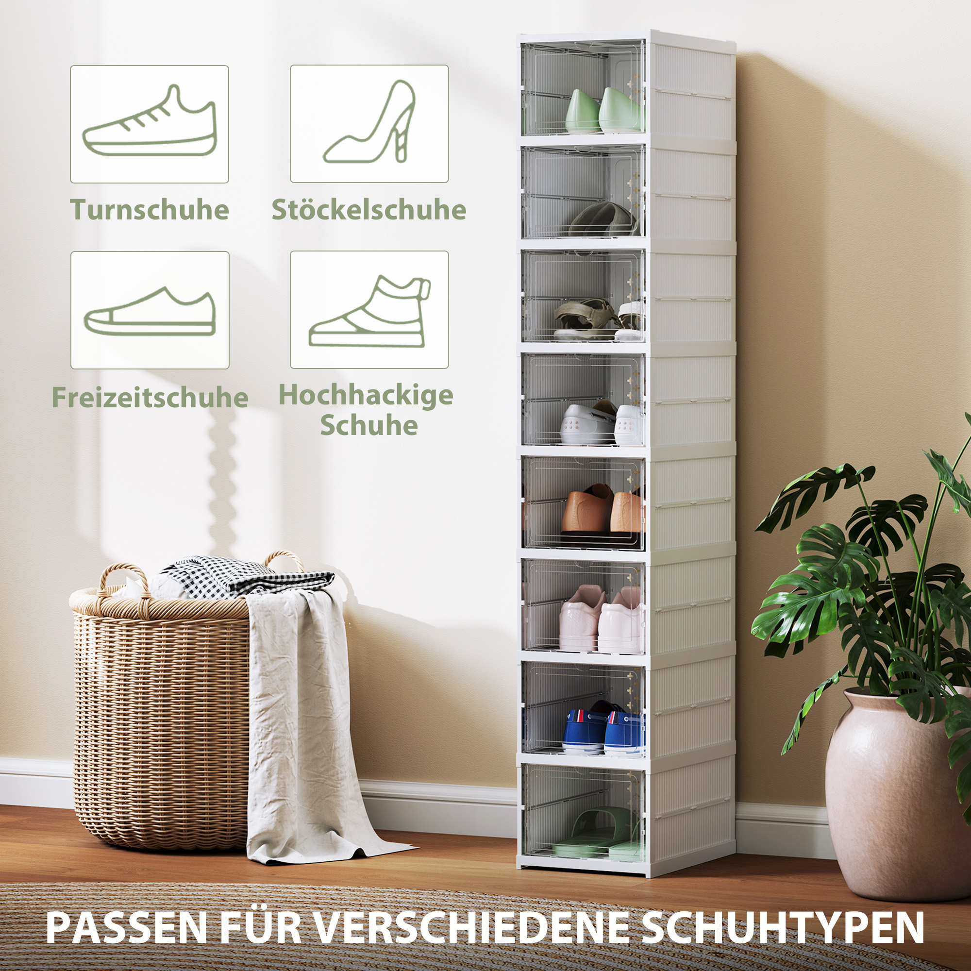 8-stufiges Schuhregal, Schuhschrank, faltbar, belüftete Rückseite, Kunststoff, Weiß