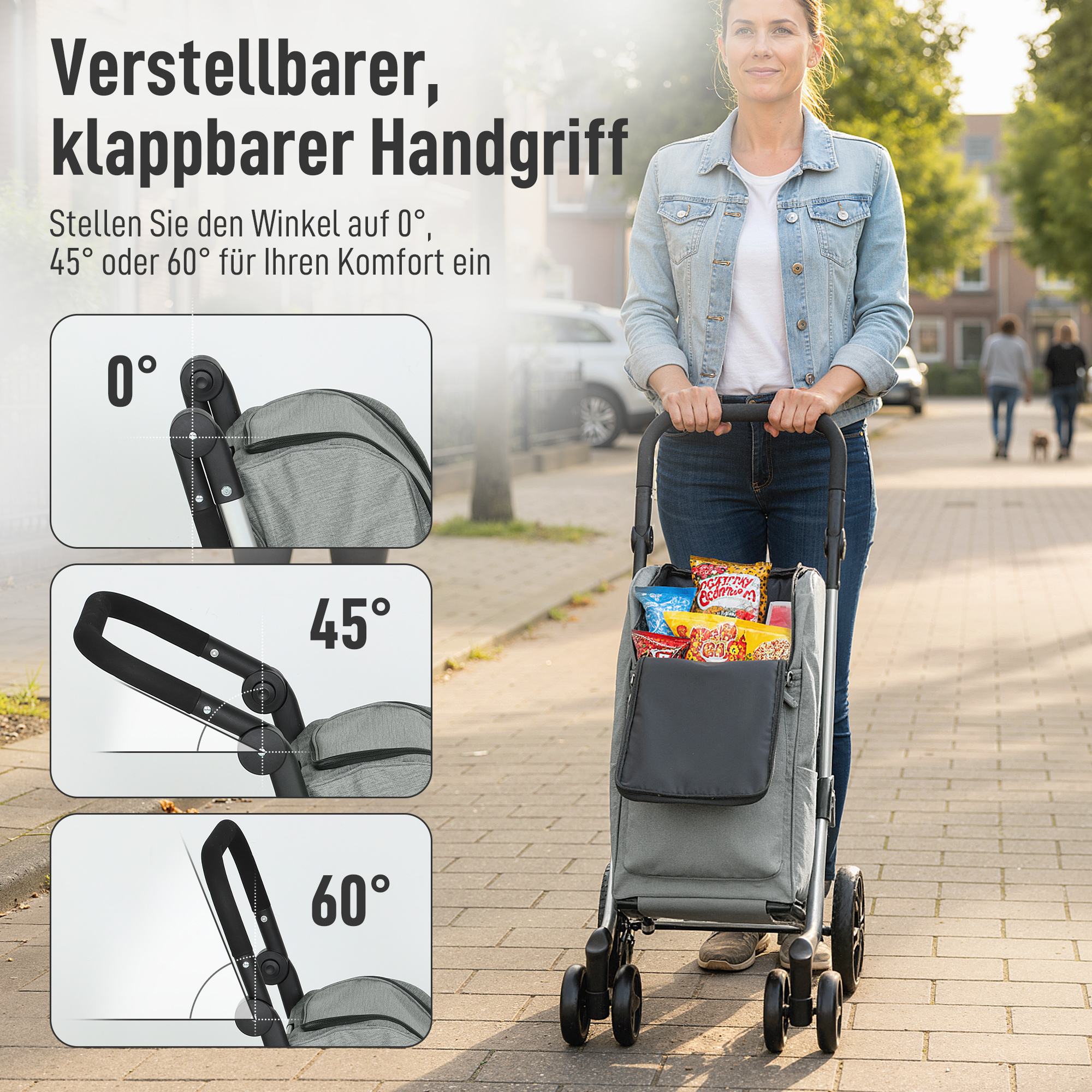 Einkaufstrolley, 46 Liter Tasche, Faltbarer Einkaufswagen mit Kühltasche, verstellbarer Griff, Aluminiumrahmen, Grau