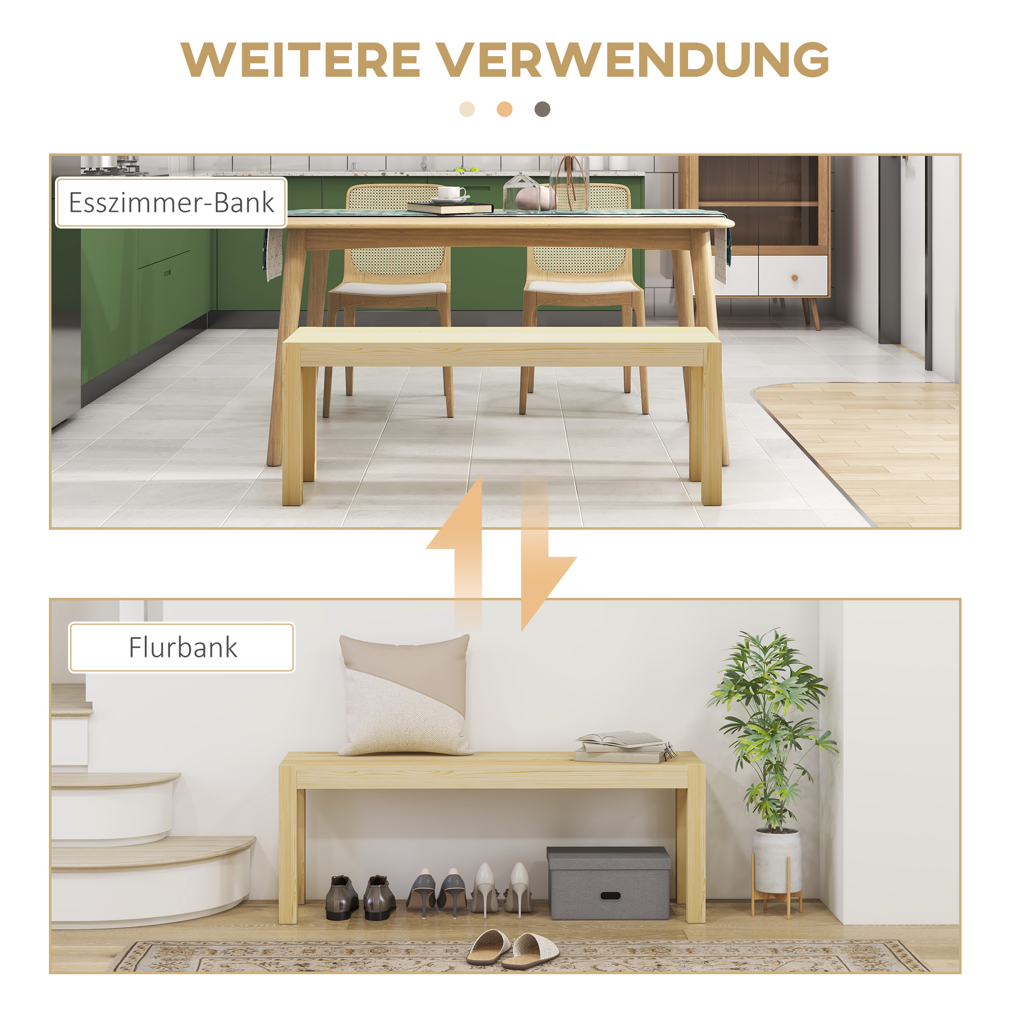 Sitzbank Holzbank Küchenbank, Massivholz, 3-Sitzerbank, 120 cm x 33 cm x 45 cm, Natur