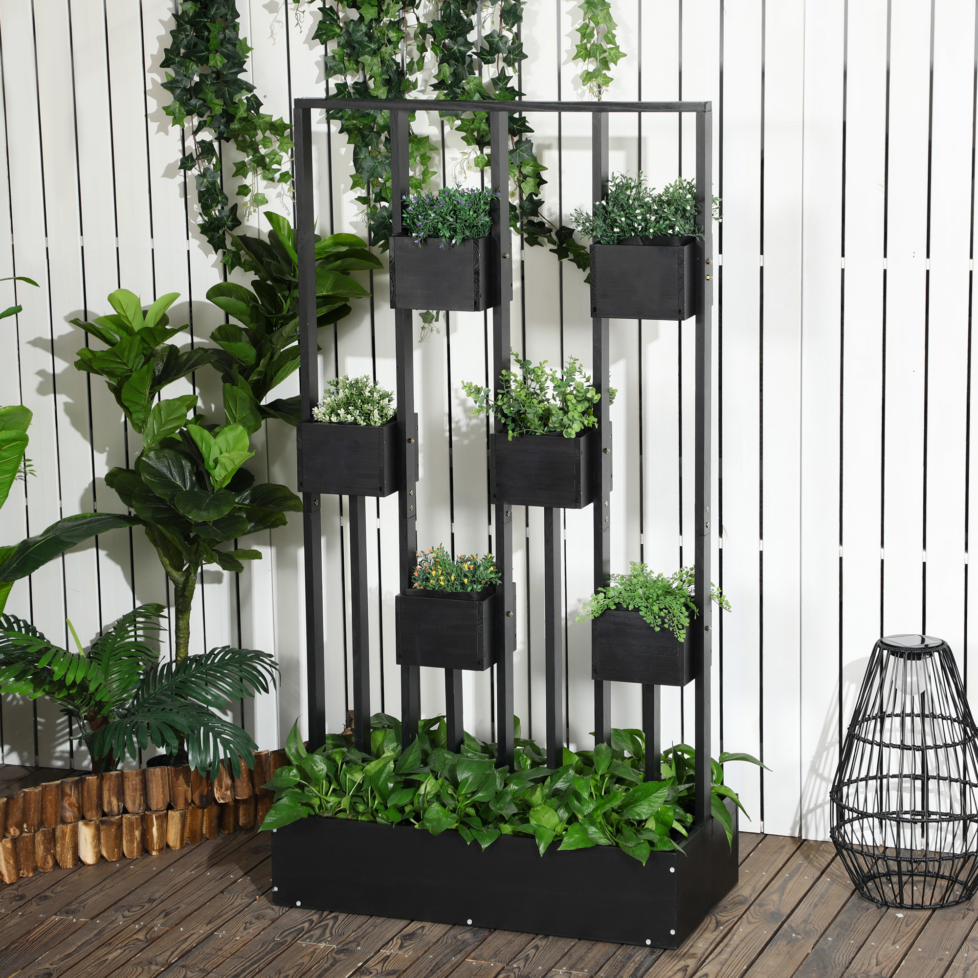Pflanzkasten-Kombination, modulares Design, Standrahmen, Naturholz, schwarz, 90 x 45 x 170 cm