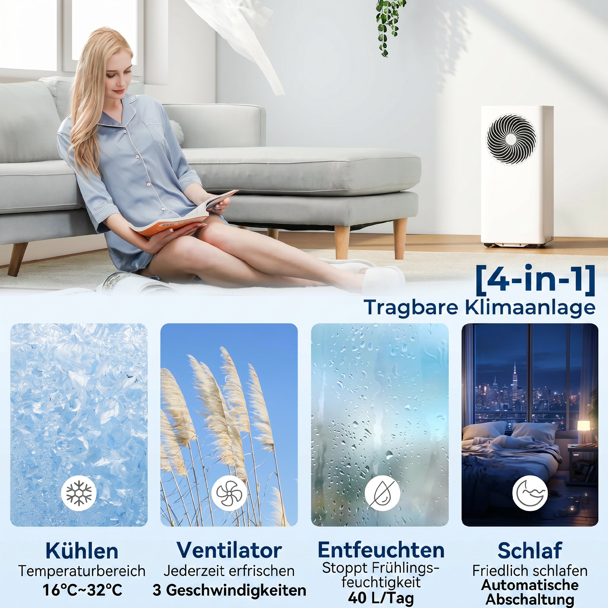 Mobiles Klimagerät 9000 BTU, 4-in-1 Mobile Klimaanlage mit Kühlung, 40 L/Tag Entfeuchter, Ventilator, Schlafmodus
