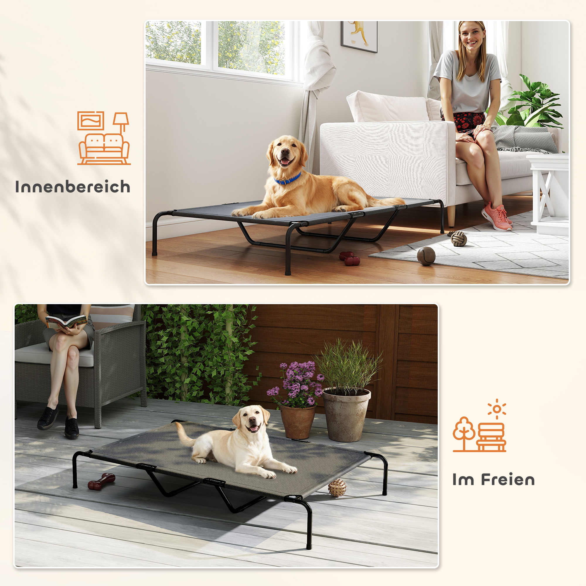 Hundeliege Outdoor, Erhöhtes Hundebett für große Hunde, mit Waschbares Mesh Stahlrahmen, 152 x 94 x 23 cm, Grau