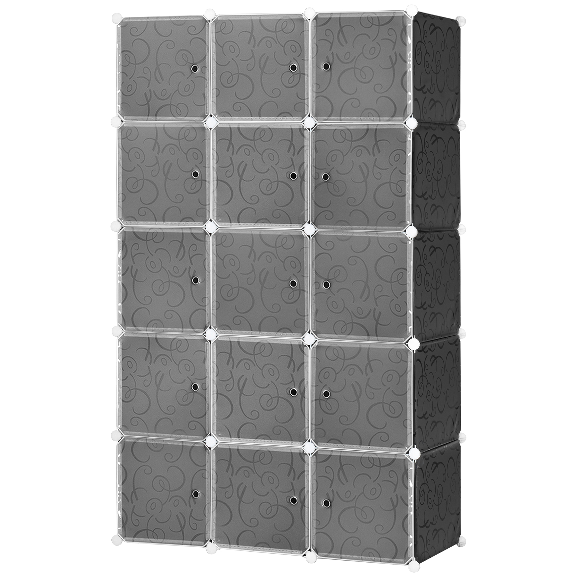 Kleiderschrank im Würfeldesign, 2 große und 9 kleine Würfel, Kunststoff, Metall, 111L x 47B x 183H cm, Schwarz+Weiß Kleiderschrank im Würfeldesign, 2 große und 9 kleine Würfel, Kunststoff, Metall, 111L x 47B x 183H cm, Schwarz+Weiß