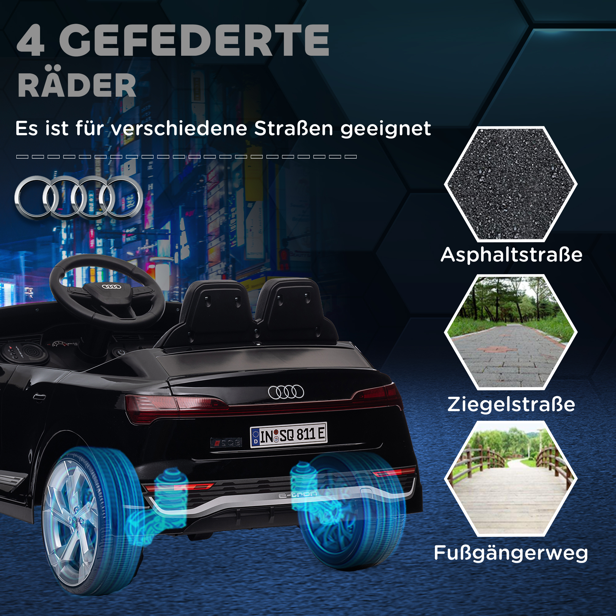 Elektro-Kinderauto, 12V Audi Q8, 3-5 km/h, Fernsteuerung, Scheinwerfer, Musik, Schwarz