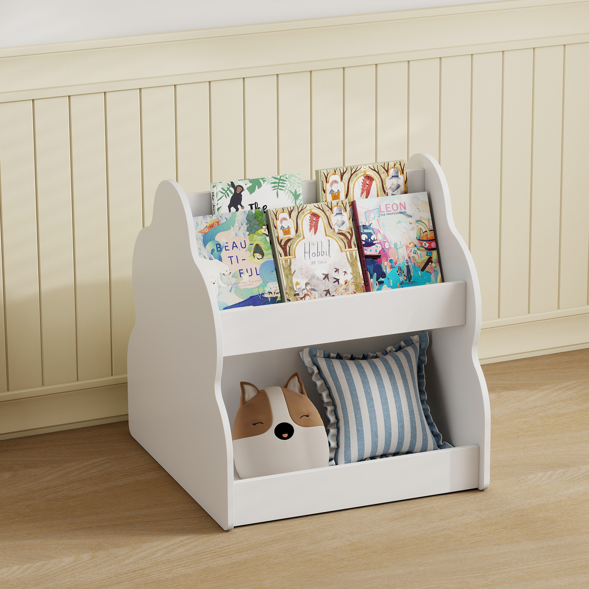 Kinderregal, 2-stöckiges Kinder-Bücherregal mit Rädern, 4 Regalen, für Kinderzimmer, Spielzimmer, 54x50x56 cm, Weiß
