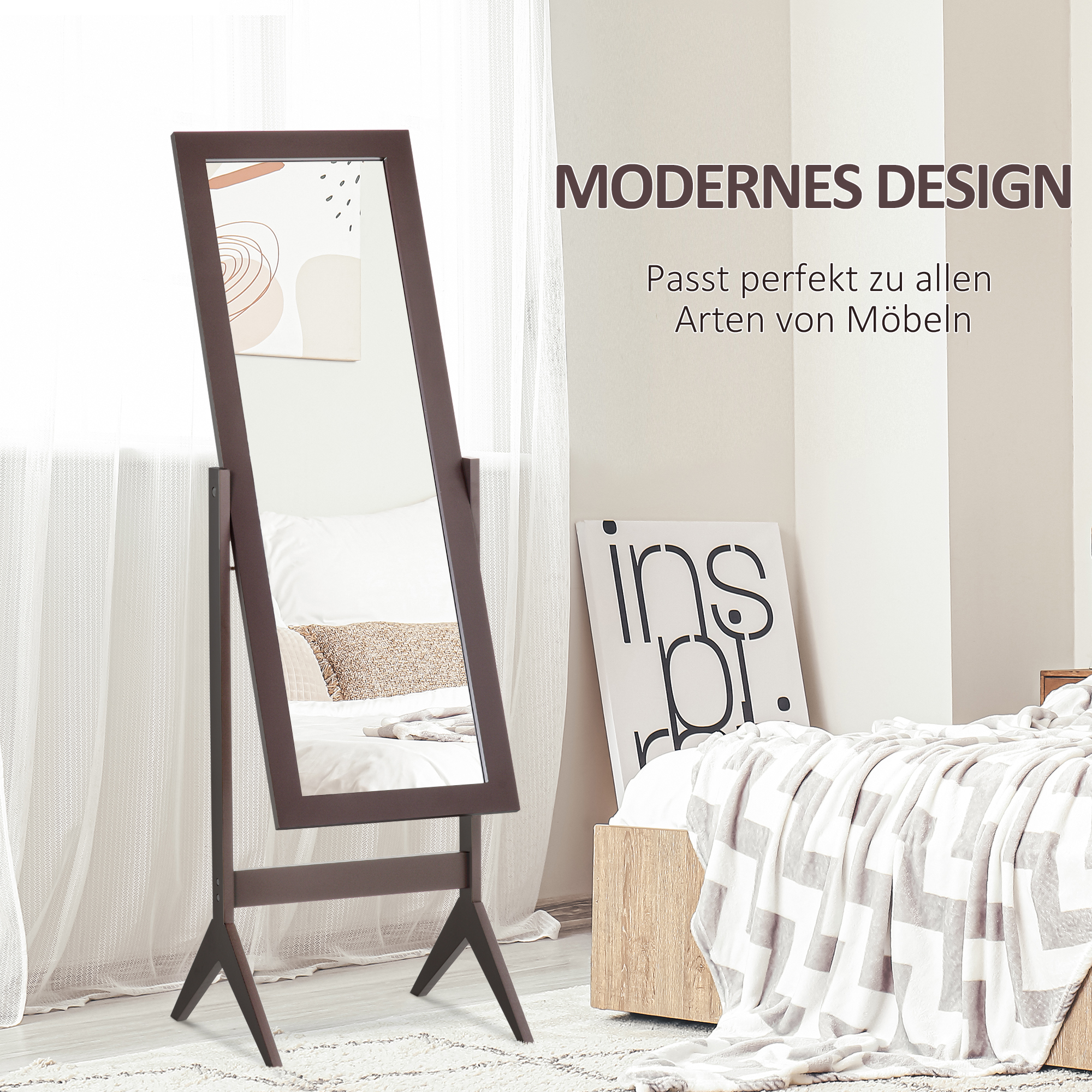 Standspiegel Ganzkörperspiegel Schminkspiegel erhöhte Füße Pflegeleicht MDF Kaffee 47 x 46 x 148 cm