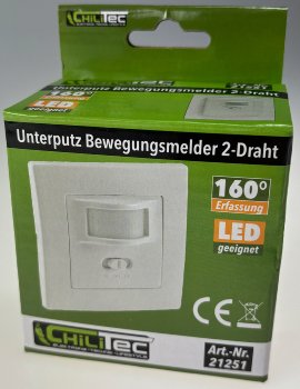 Unterputz PIR-Bewegungsmelder 160°, LED geeignet, 2-Draht Technik, weiß
