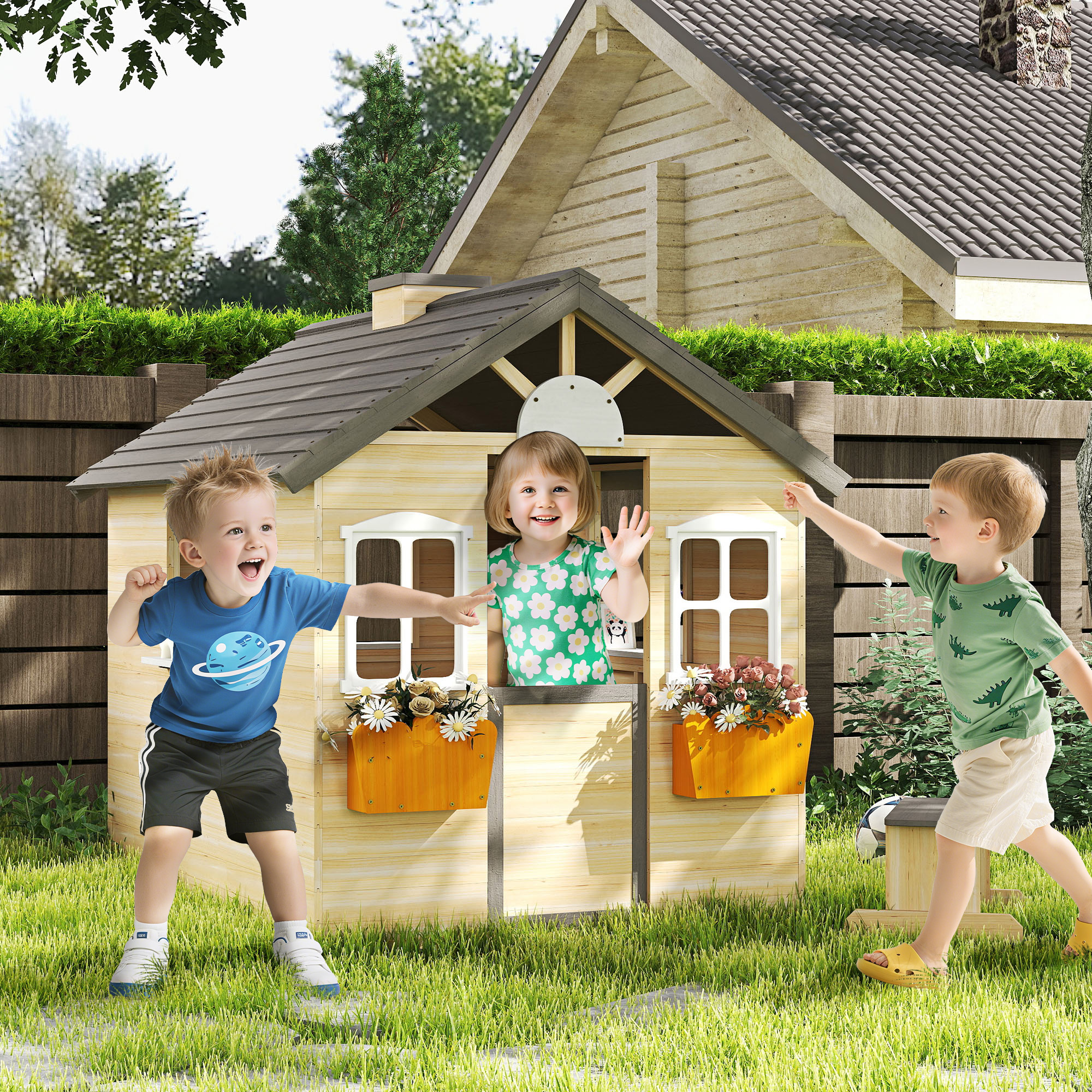 Spielhaus Kinderspielhaus aus Holz mit Tür Fenster Briefkasten Blumentopfrack Gartenhaus für Jungen und Mädchen 3-7 Jahre Kinderspielzeug für Outdoor & Indoor Natur