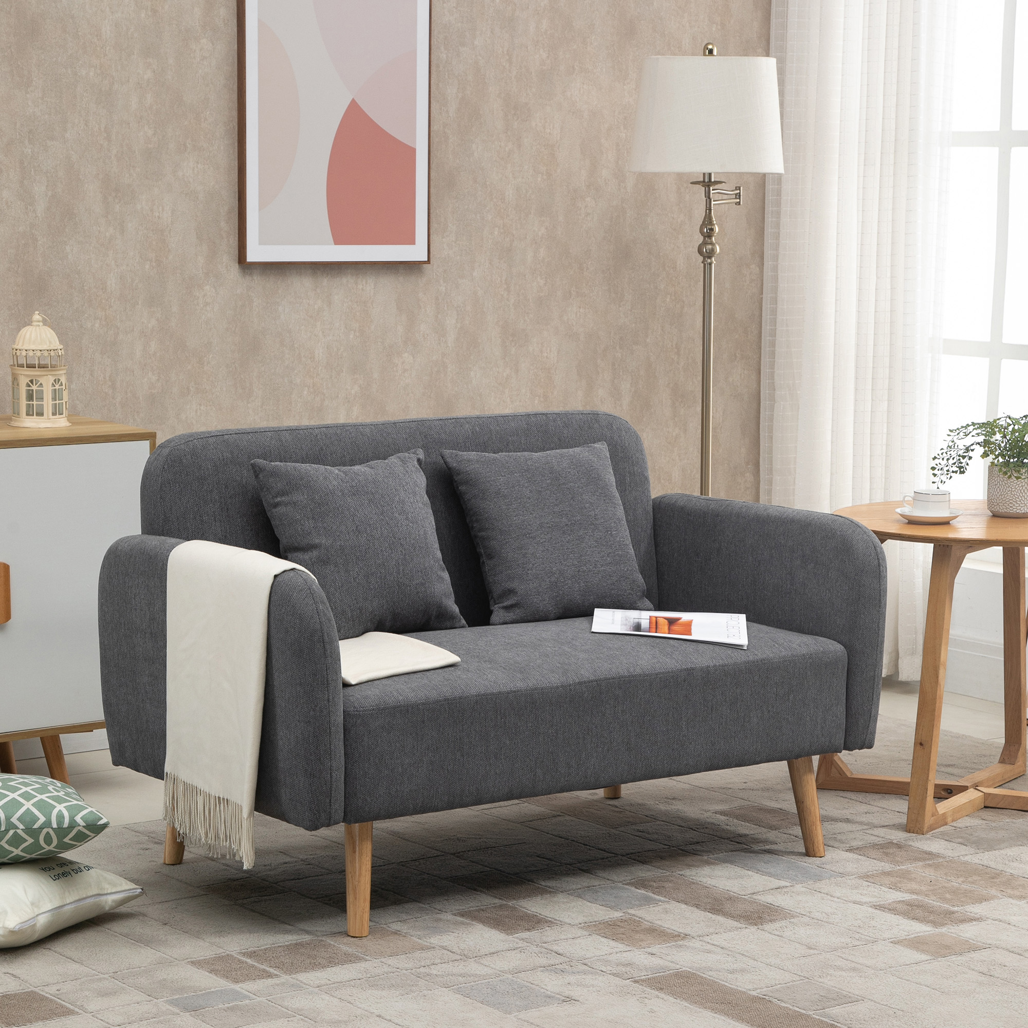 Sofa 2 Sitzer Couch mit 2 Wurfkissen, Kleine Loveseat mit Samtopik Modern Polstersofa für Wohnzimmer, Schlafzimmer, kleinen Raum, Grau 130 x 70 x 80 cm