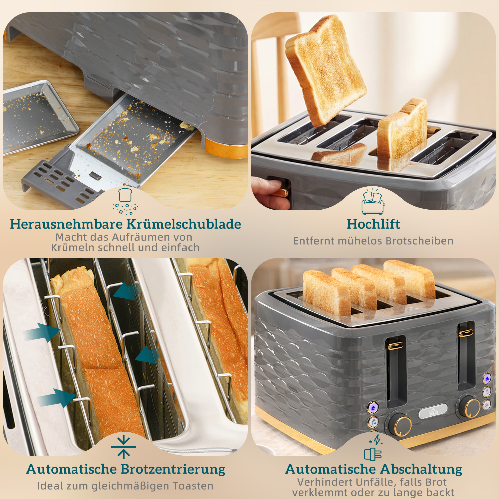 Toaster für 4 Scheiben mit 7 Bräunungsstufen, High-Lift, Aufwärm-/Auftau-/Abbruchs-Funktion, Graue Wellenoptik