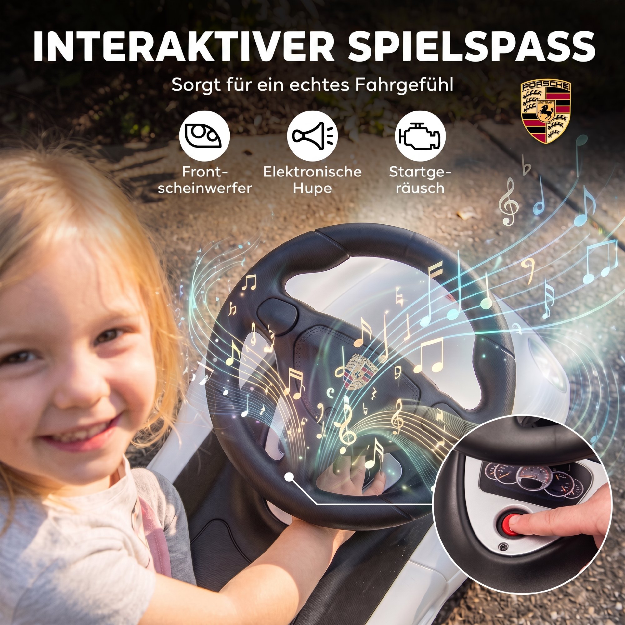 Rutschauto Kinder Porsche Rutschfahrzeug mit Hupe Licht Motorgeräuschen, für 18–36 Monate, Weiß