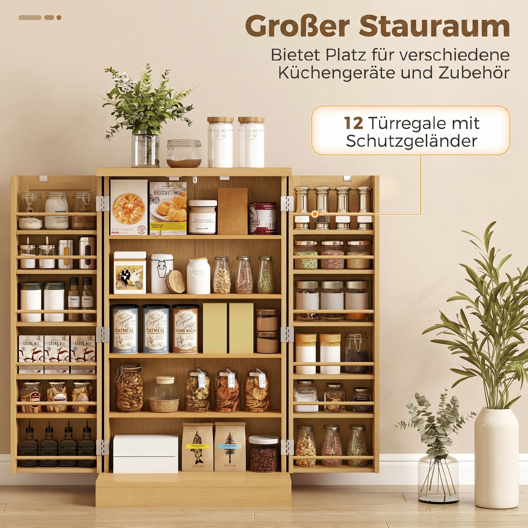104 cm Rattan-Küchenschrank mit 5-stufigem Regal, 12 Gewürzfächern und verstellbaren Böden, Natur