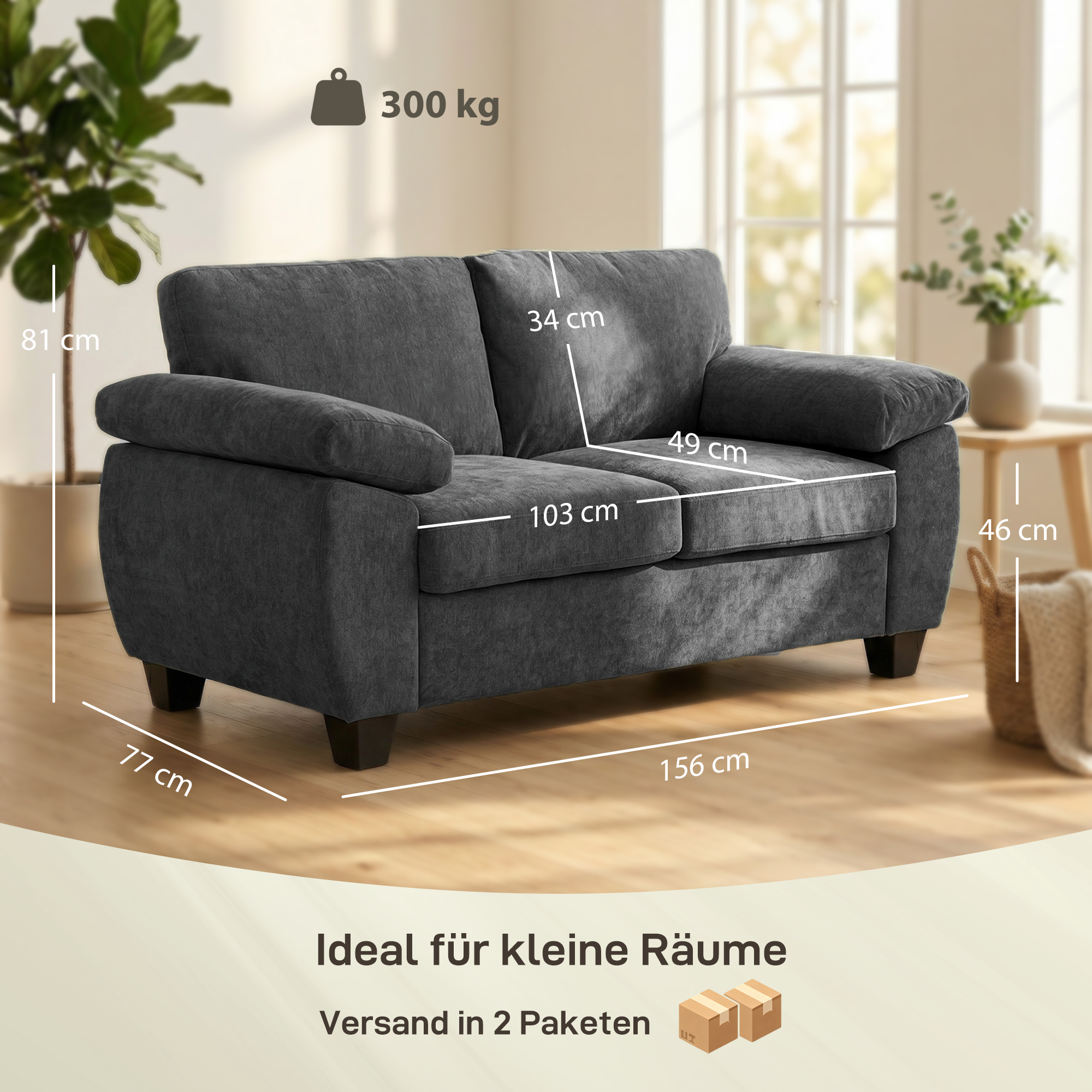 2-Sitzer-Sofa, 156 cm Chenille-Sofa mit dicken Federkernpolstern, breiten gepolsterten Armlehnen, 300 kg Tragkraft, Dunkelgrau