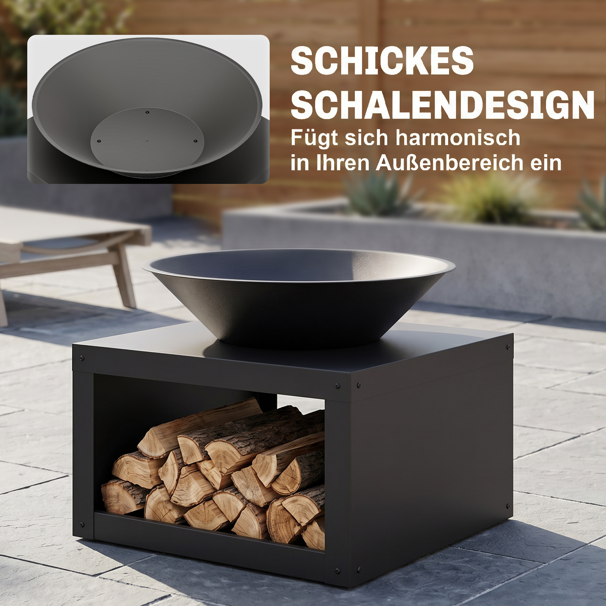 Feuerschale Ø59 cm Feuerstelle mit Holzablage, Schürhaken, Holz & Kohle nutzbar, Rund Schwarz
