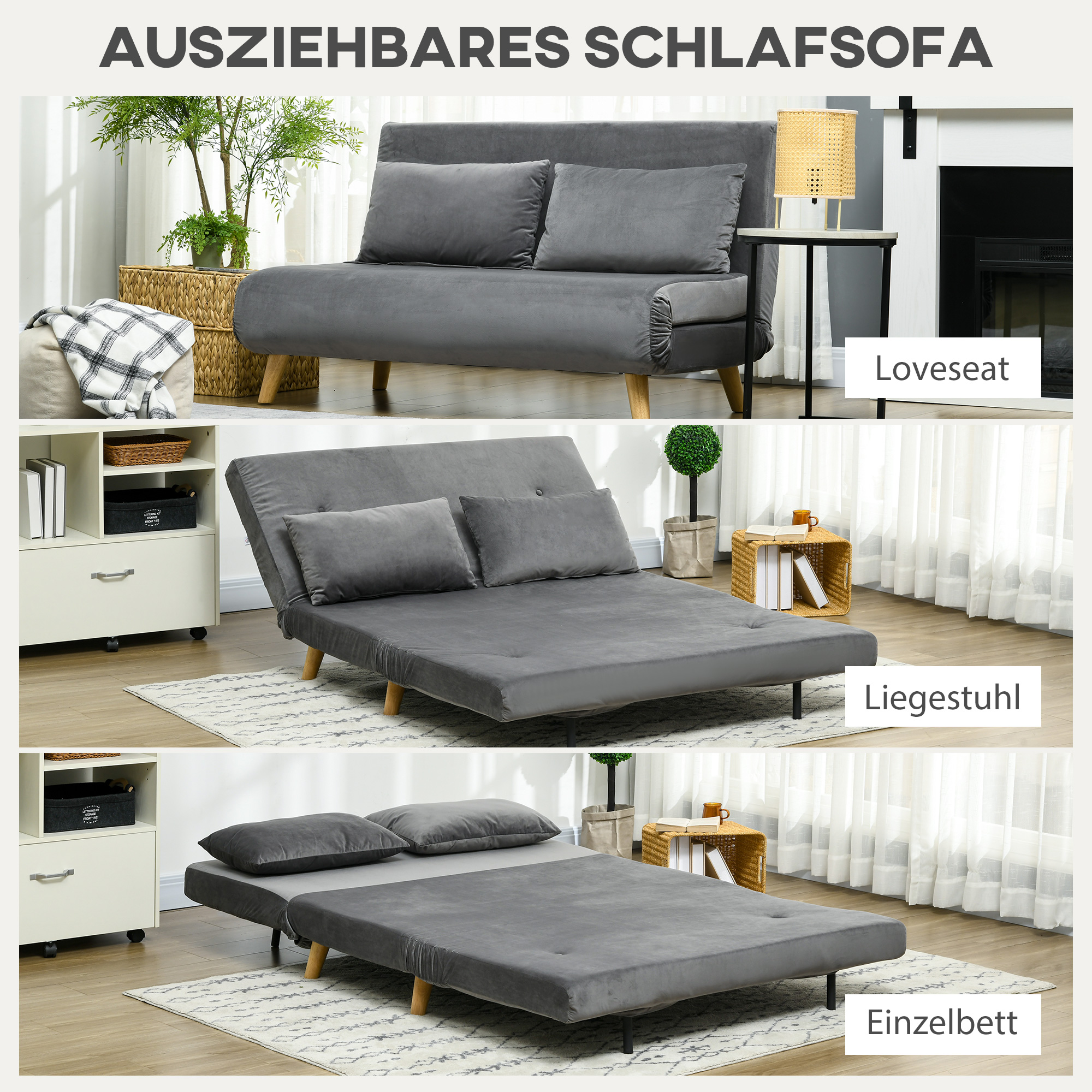 Schlafsofa Relaxsofa Sofa Couch, inkl, 2 Kissen, Samtoptik, 130 x 78 x 79 cm, Grau