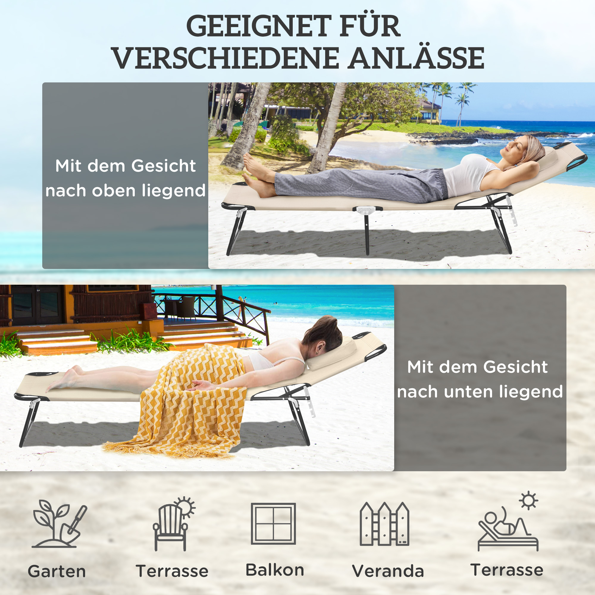 Sonnenliege mit Gesichtsloch & Kissen, klappbar, wasserabweisender Bezug, Metallrahmen, Beige