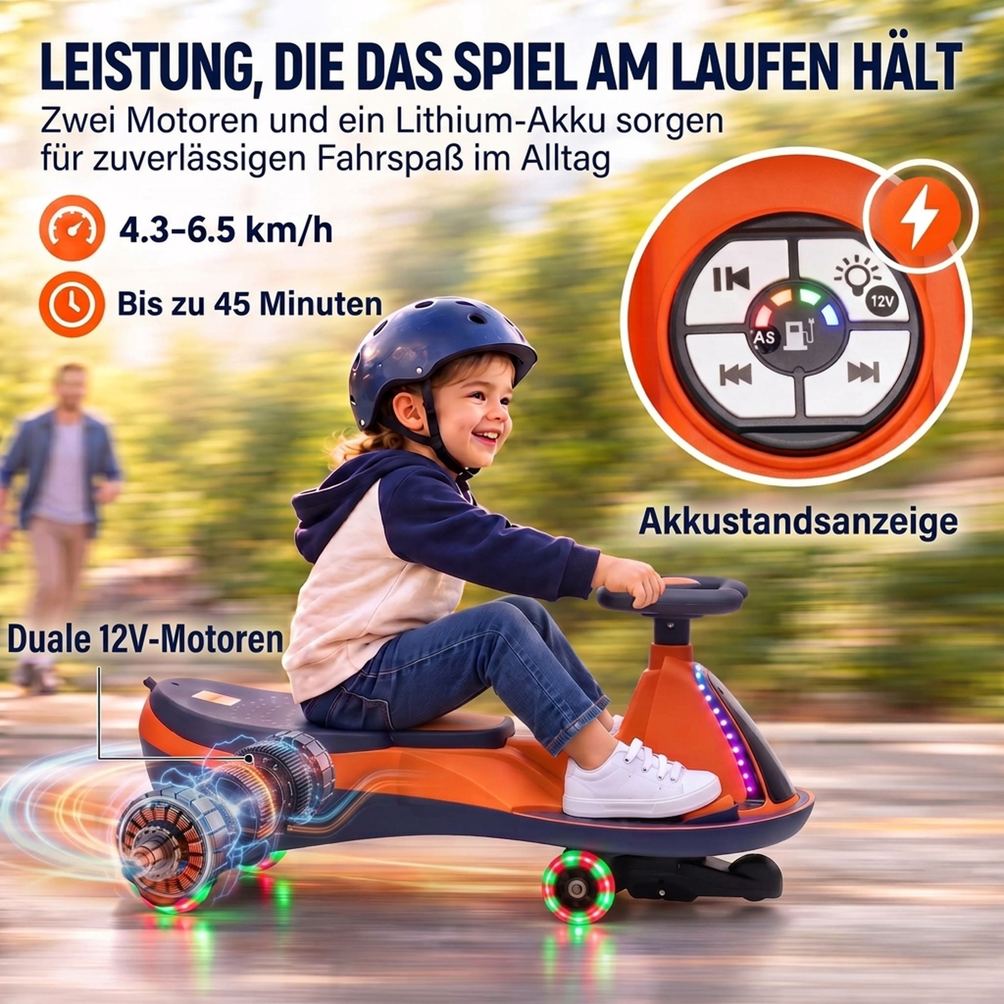 Kinder Elektroauto 12V 2-in-1 Elektrisches Rutschauto mit Lithium-Akku 2 Motoren RGB-Licht Pedal Musik 360° Lenkung