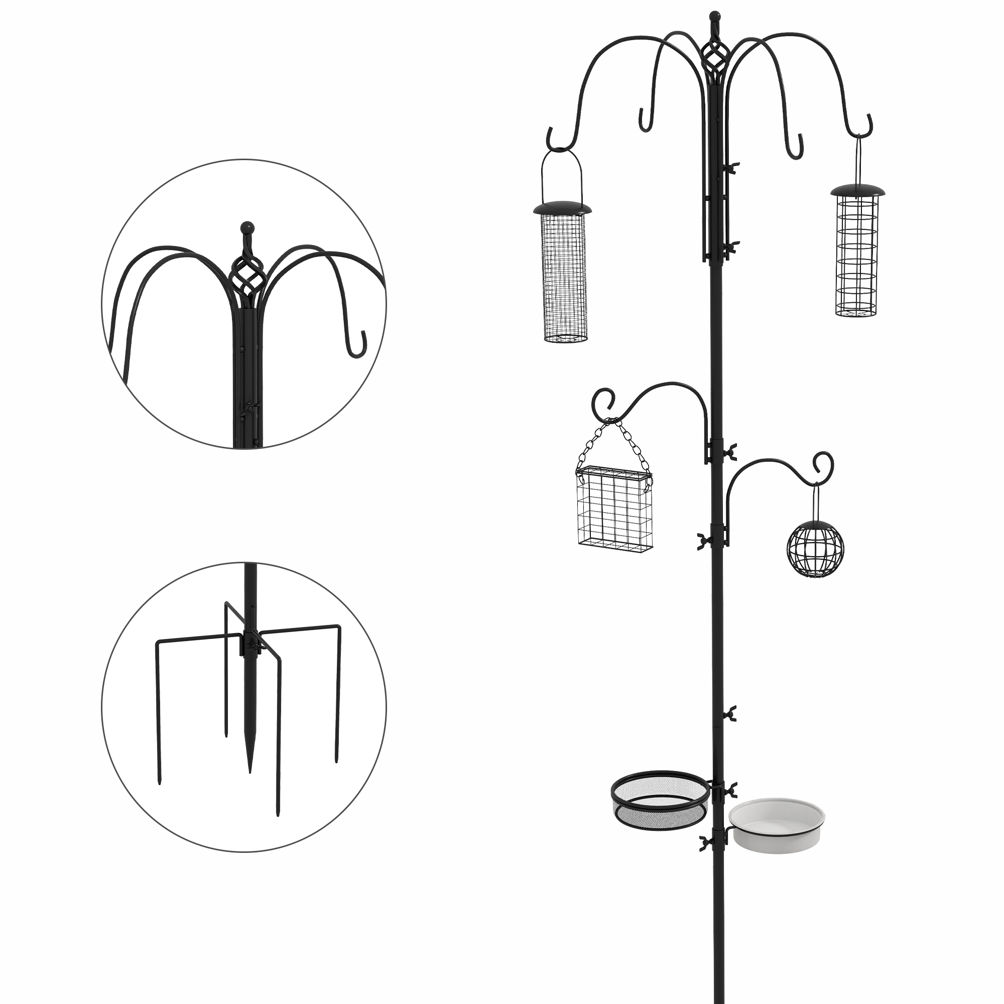 Vogel Futterstation 226 cm Vogelfutterstation mit 6 Haken, 4 hängenden Futterspendern Erdspieß, Freistehend