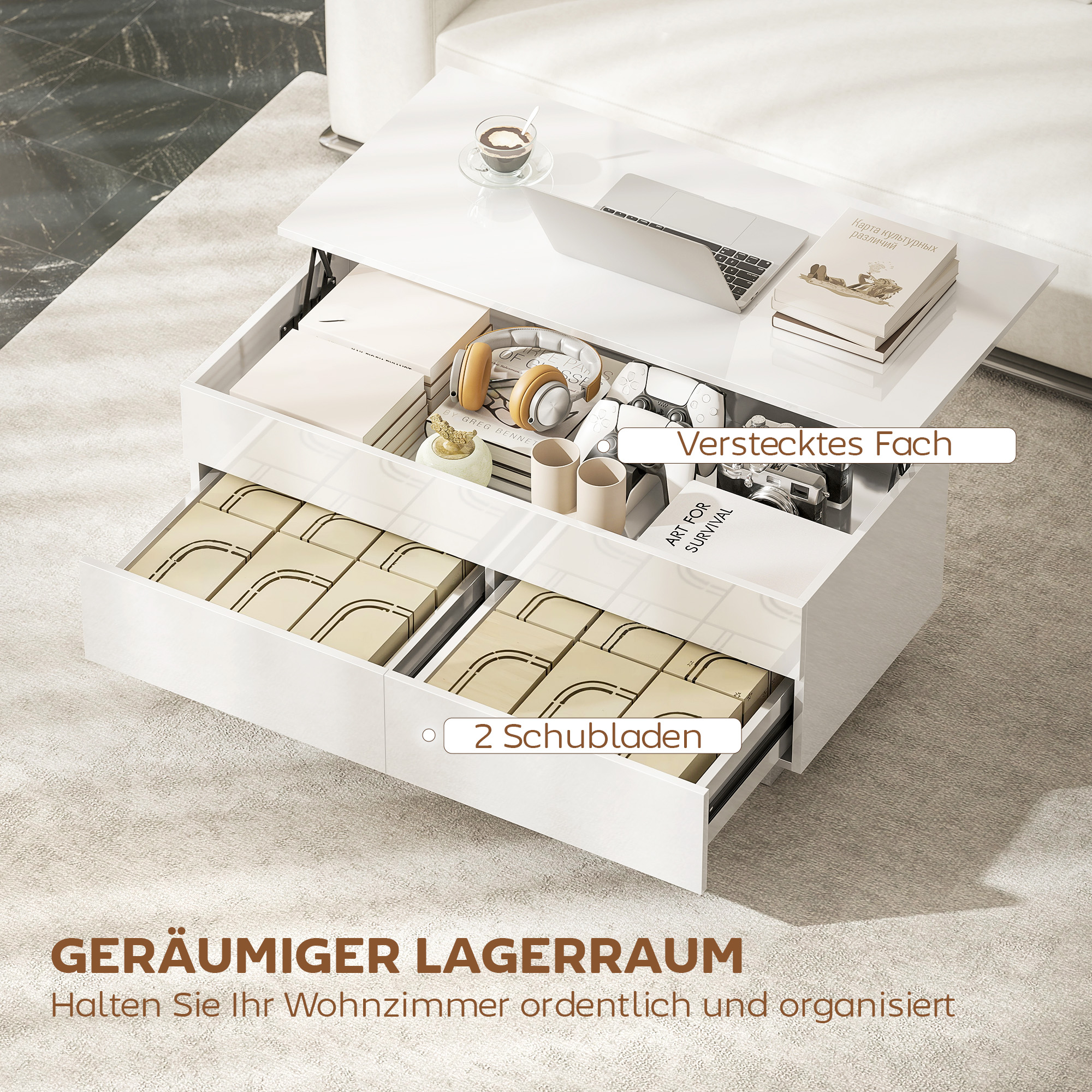 Couchtisch Höhenverstellbar, Moderner Wohnzimmertisch mit verstecktem Stauraum und 2 Schubladen, Hochglanz Weiß