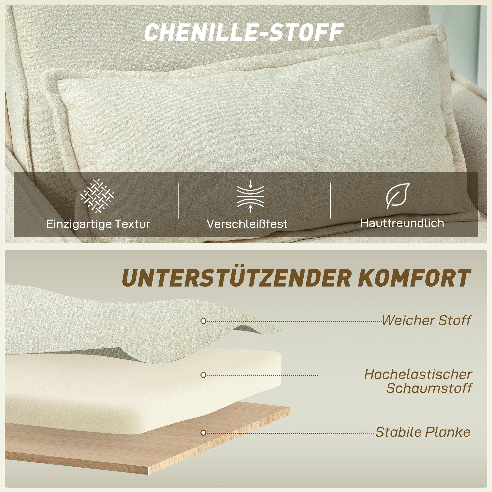 Schlafsessel 3 in 1 Umwandelbarer Sessel mit Bettfunktion, Lendenkissen, für Wohnzimmer Creme