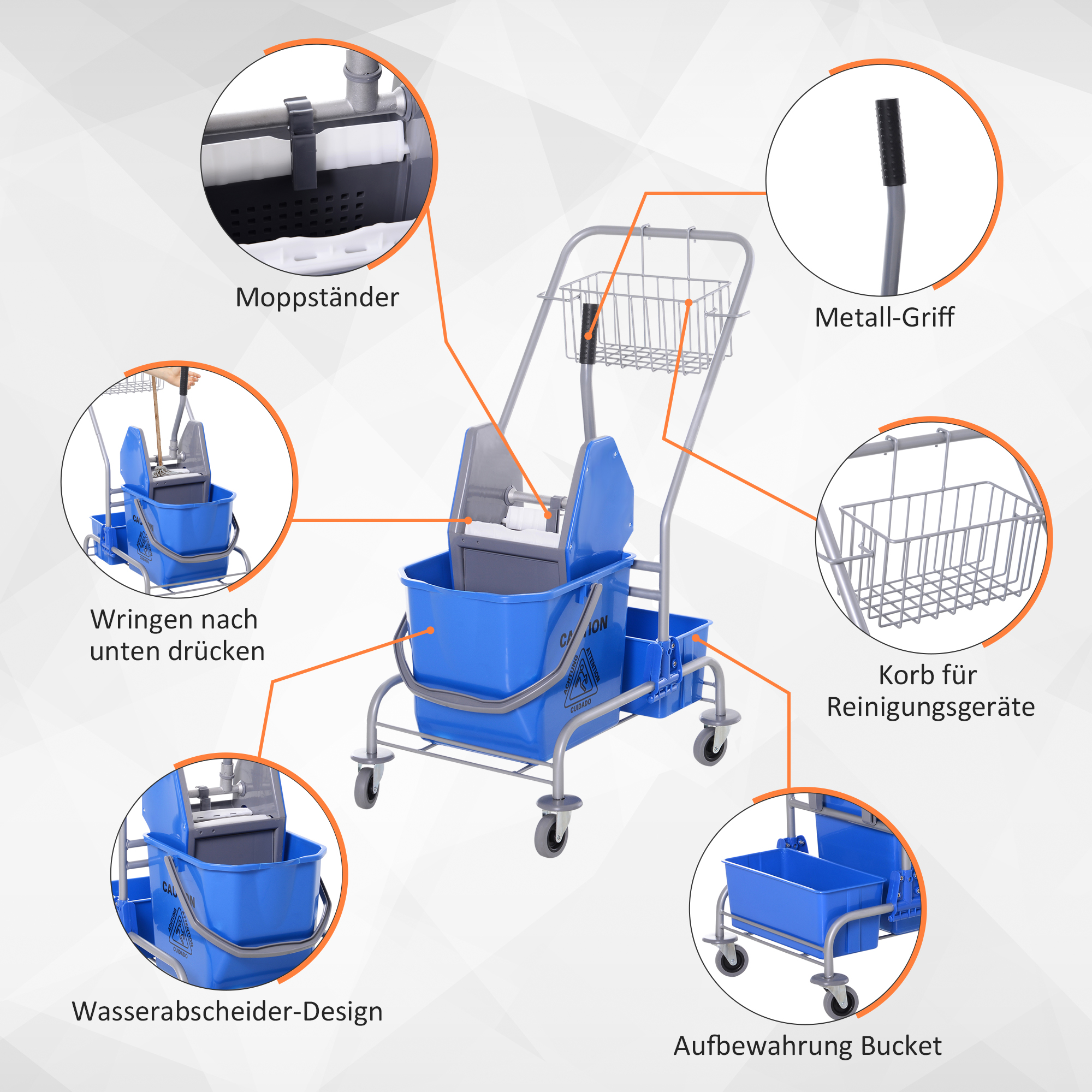 Reinigungswagen, Moppwagen, 25 L Fassungsvermögen, 4 Räder, Kunststoff, Blau