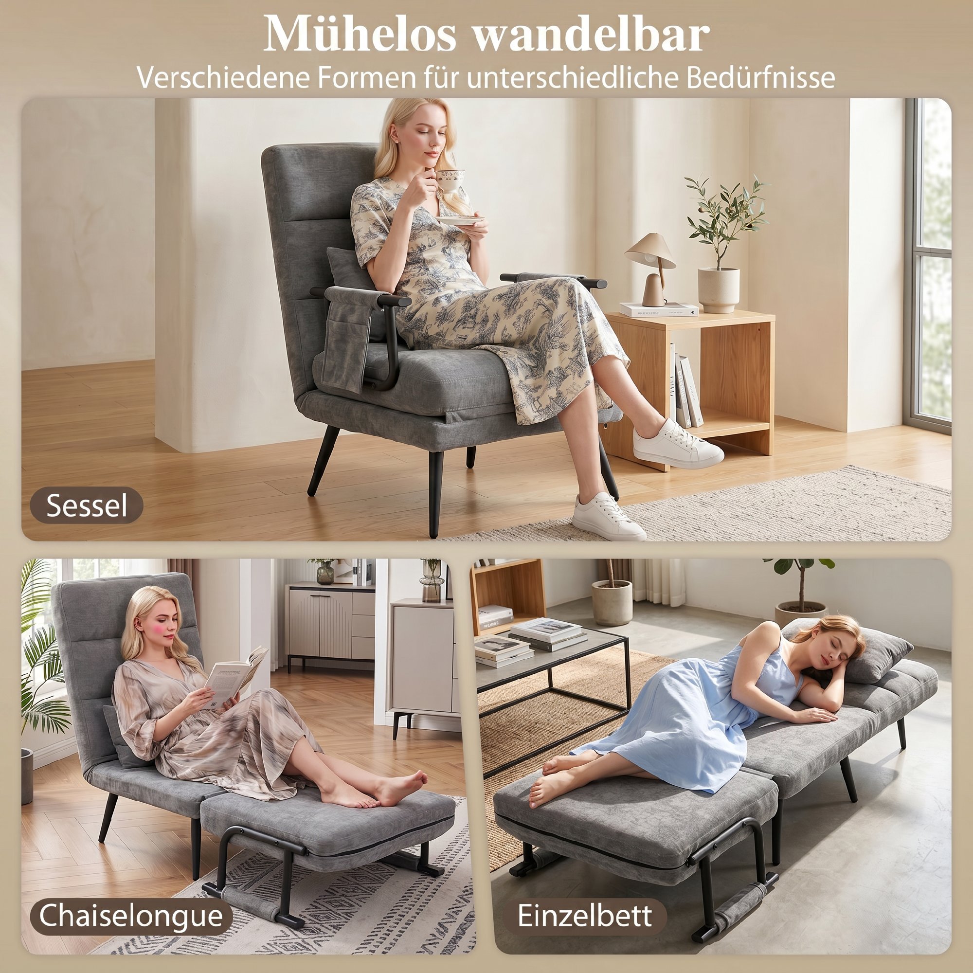 Schlafsessel 3 in 1 Klappbar Sessel mit Schlaffunktion, 186 x 60 cm Schlafsessel mit 5-stufig Verstellbarer Rückenlehne