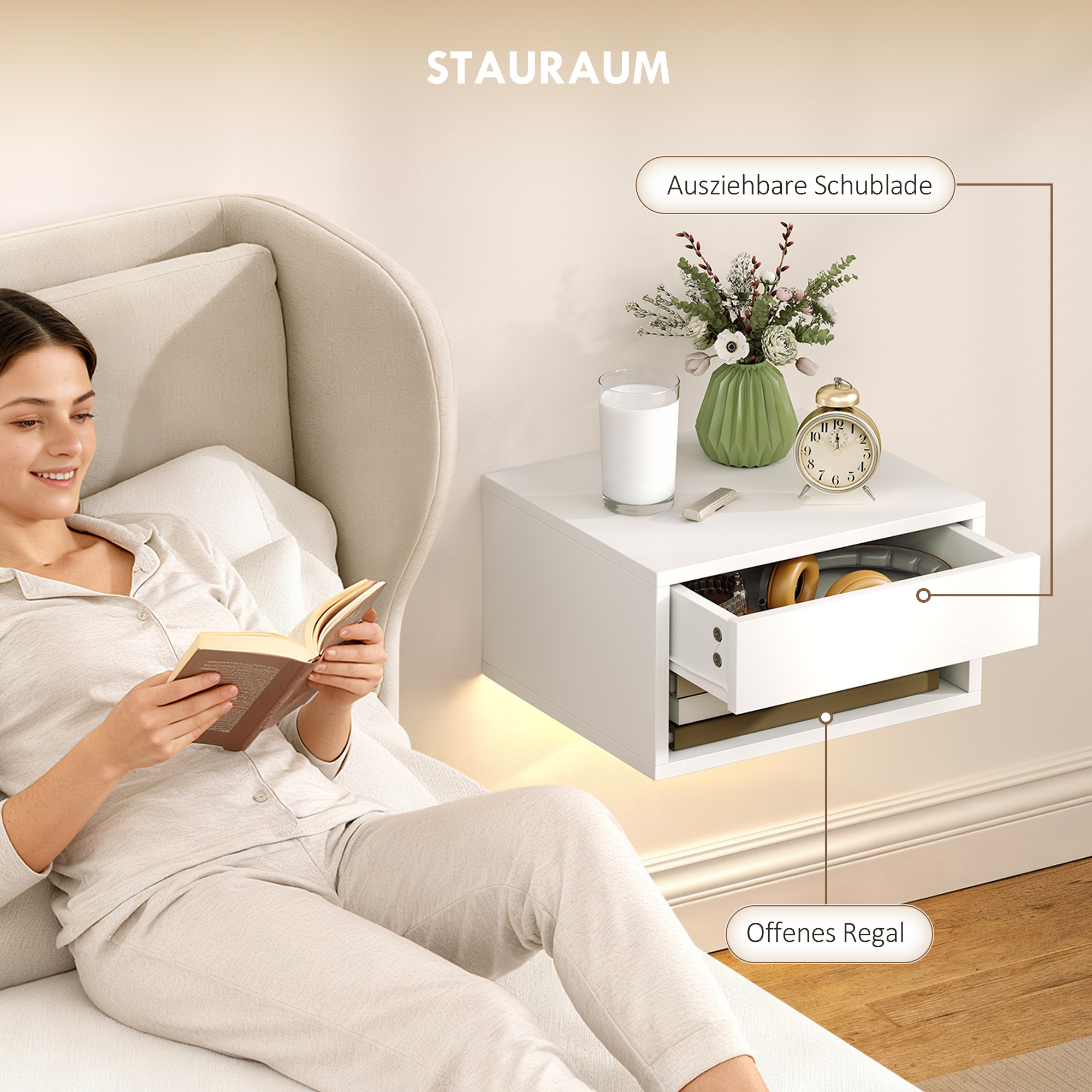 Nachttisch 2er-Set mit RGB-LED-Beleuchtung, schwebender Nachttisch mit Schublade und offenem Fach, Weiß