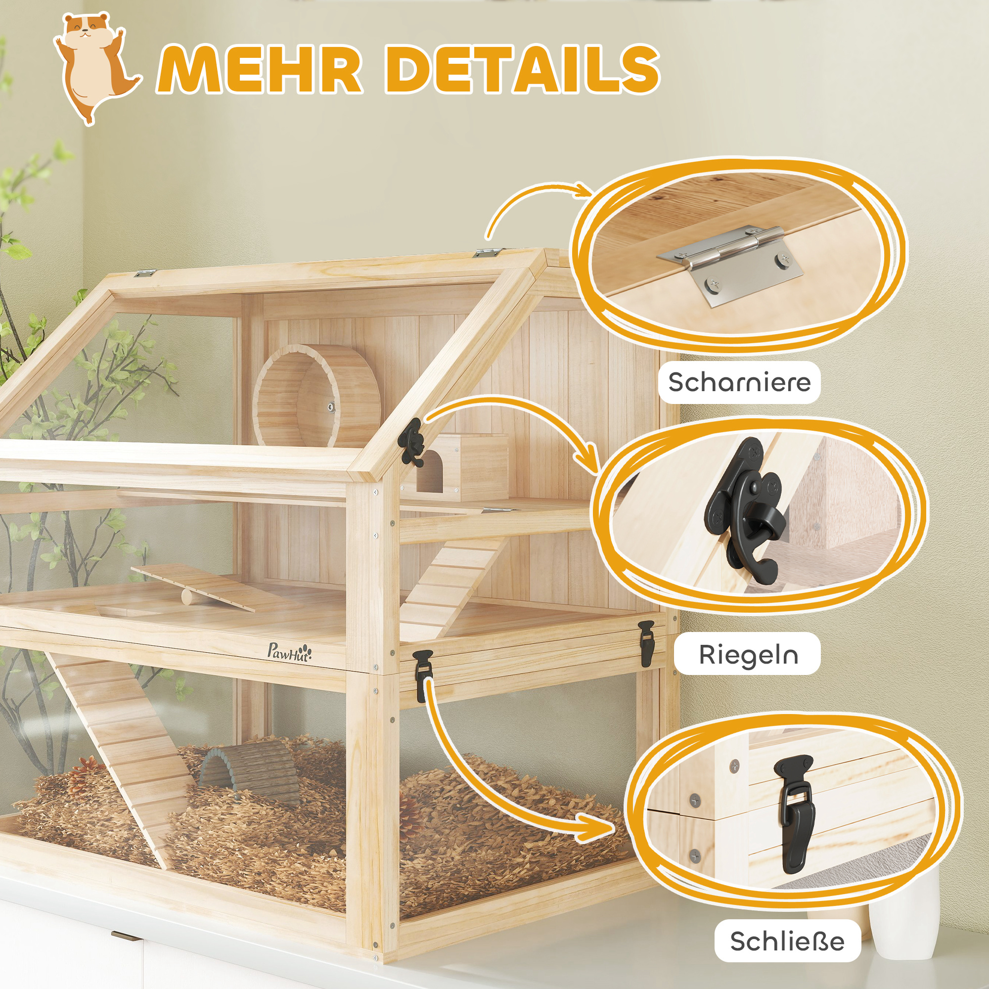 Hamsterkäfig aus Holz 3 Etagen Nagarium Nagerkäfig mit klappbarem Deckel Laufrad 80 x 50 x 76 cm Naturholz