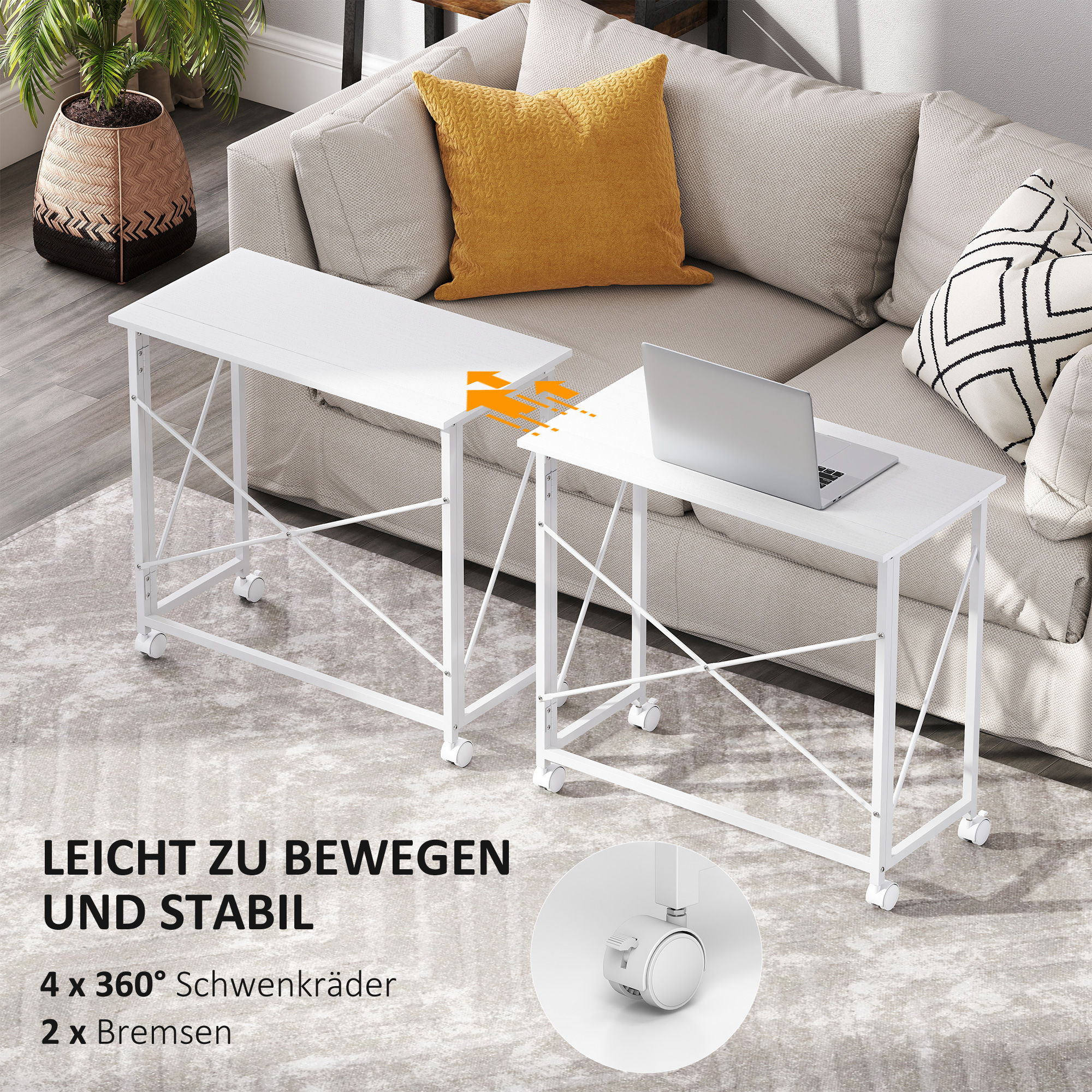 Schreibtisch mit Rollen, faltbarer Bürotisch mit Stahlgestell für Arbeitszimmer Schlafzimmer 80 x 40 x 75 cm Weiß