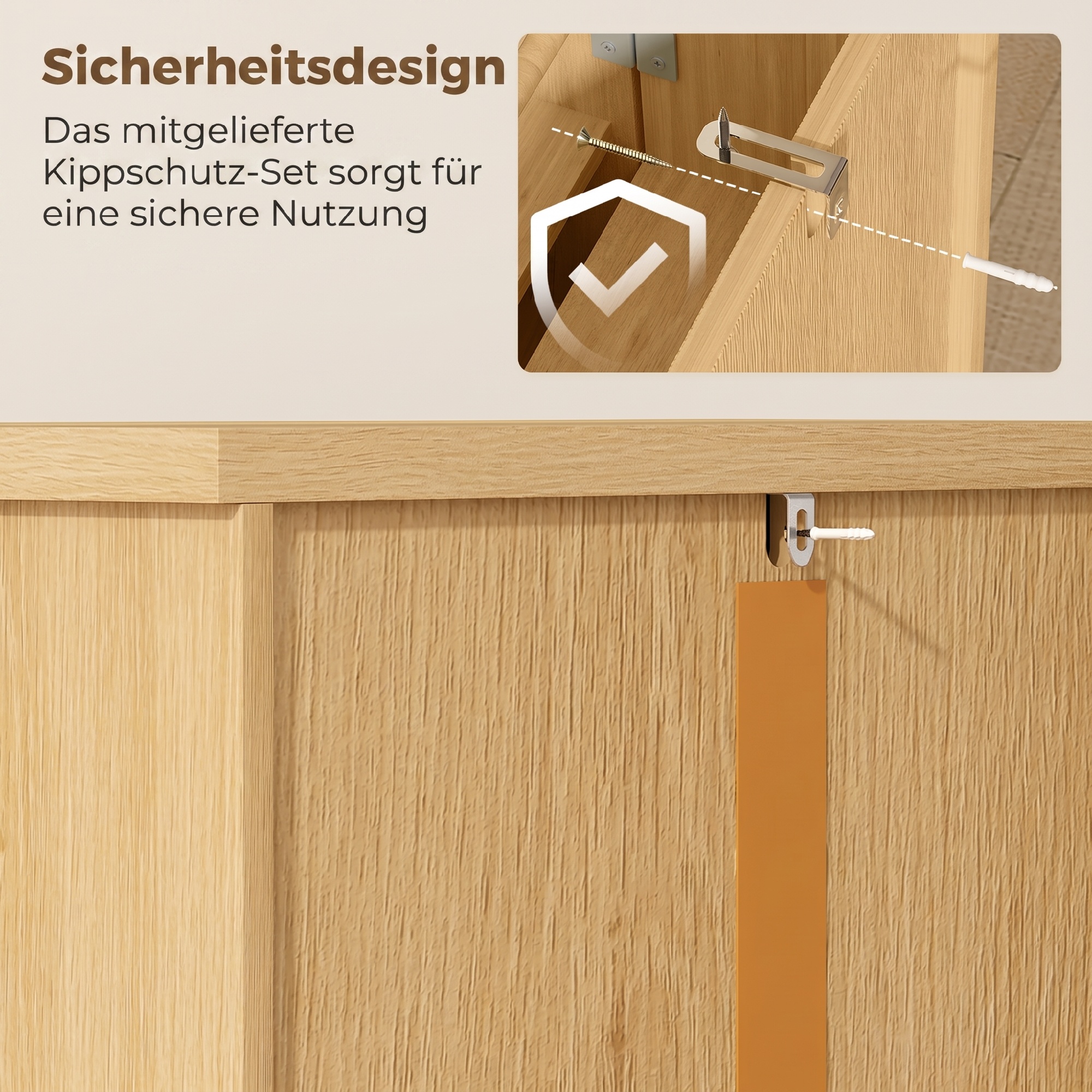 104 cm Rattan-Küchenschrank mit 5-stufigem Regal, 12 Gewürzfächern und verstellbaren Böden, Natur