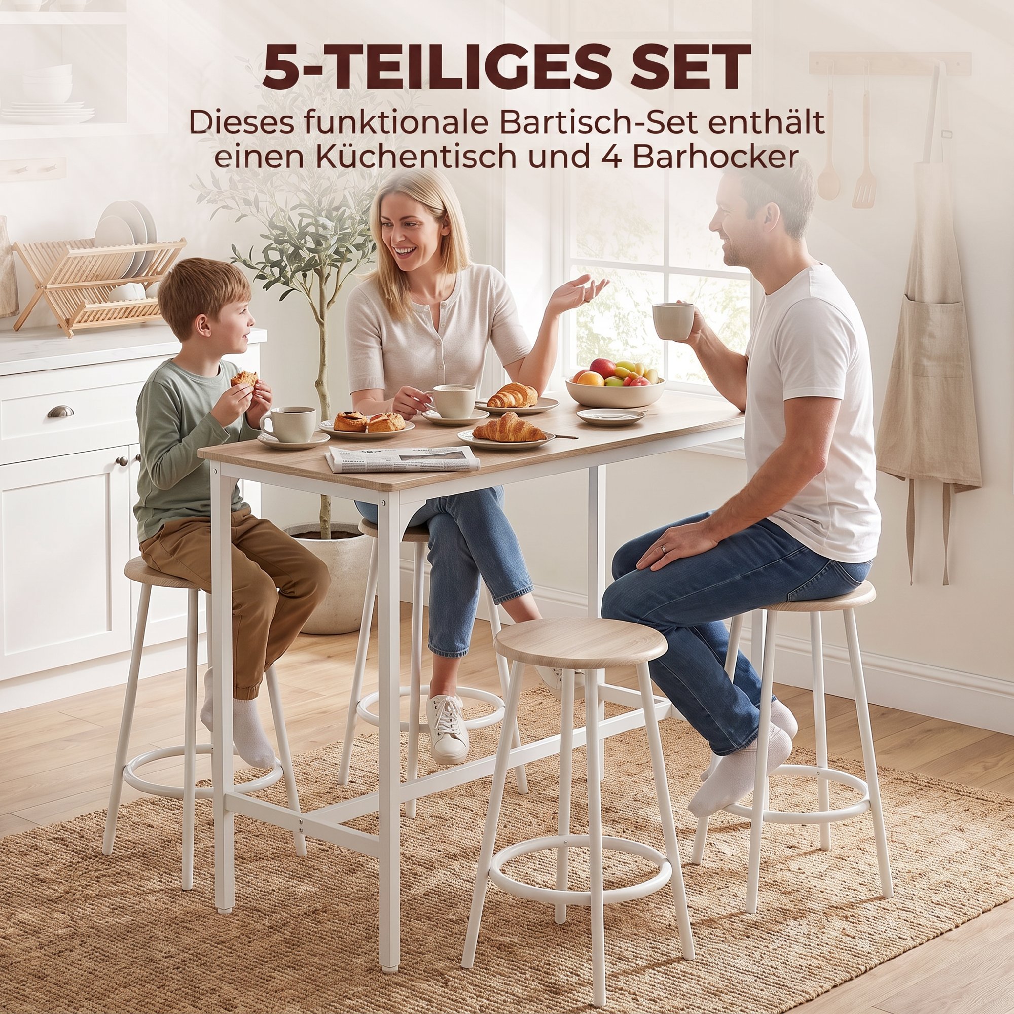 5-teiliges Bartisch-Set für 4 Personen, Industrieller Stehtisch mit Hockern für Küche & Esszimmer, Eiche