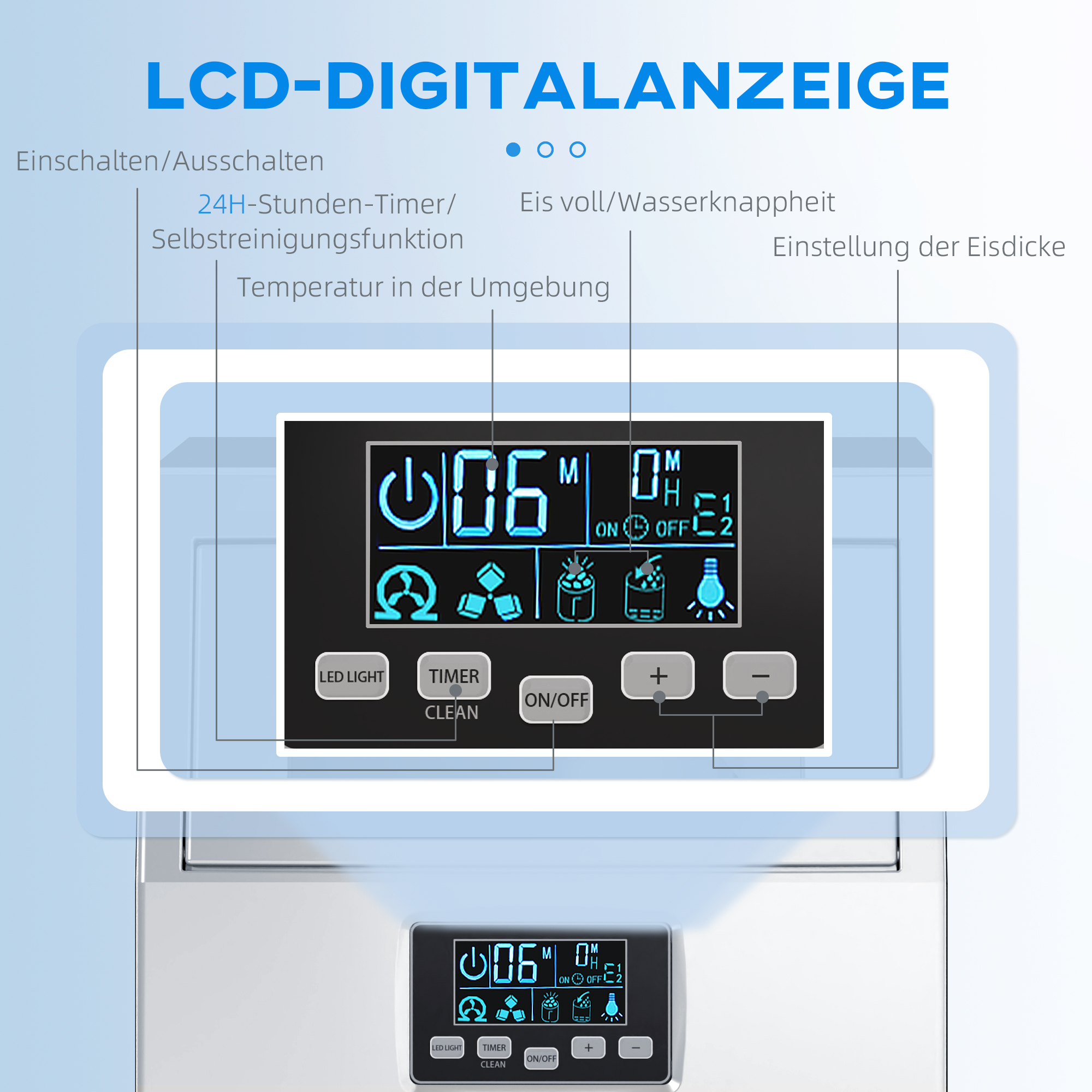 Eiswürfelmaschine, LED-Beleuchtung, leicht lesbare Anzeigen, mit Schaufel, Silber