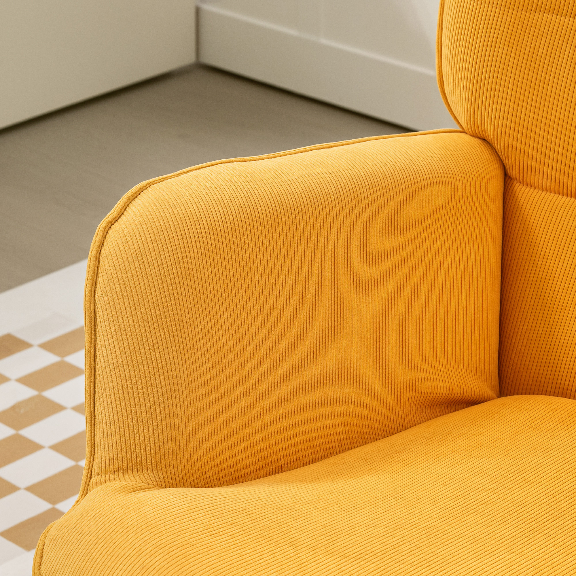 Akzentsessel mit Hocker, Relaxsessel in Cord-Optik, Armlehnstuhl mit Holzbeinen, für Wohnzimmer, Orange