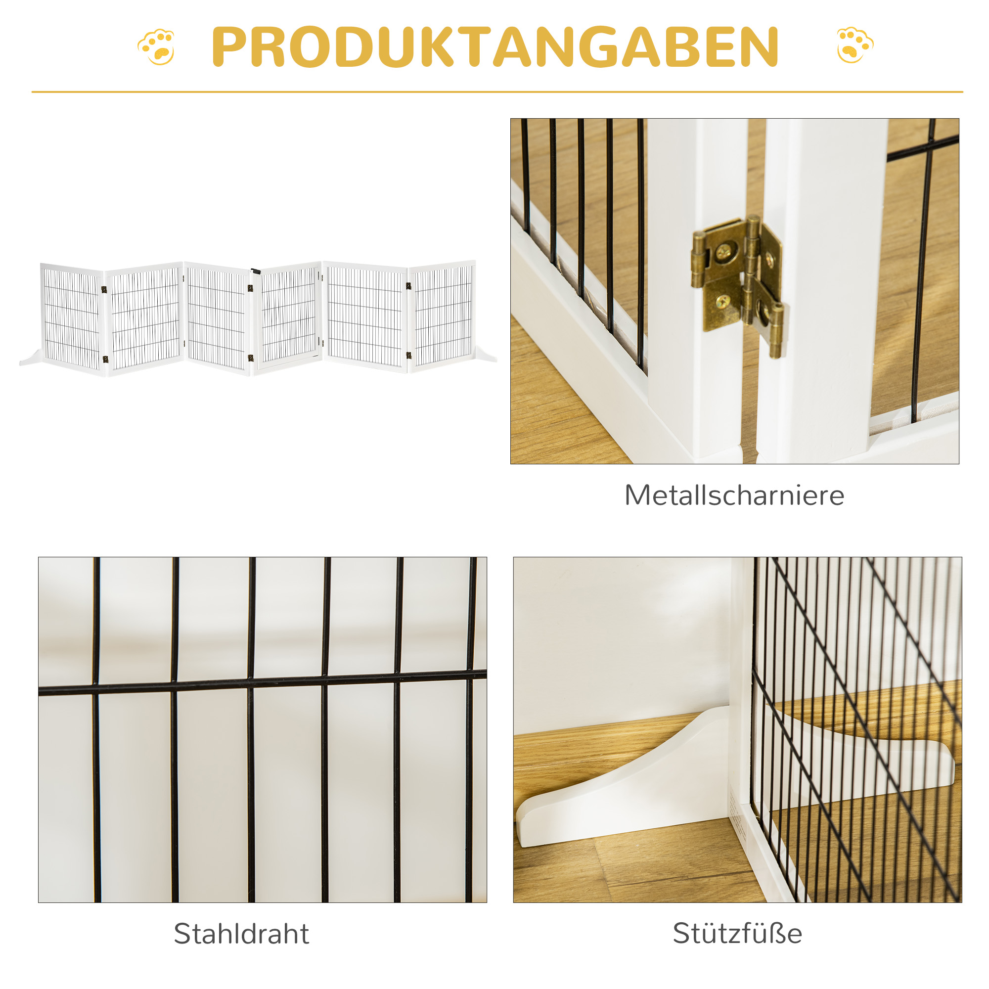 Absperrgitter für Hunde, klappbar, 432 x 36 x 70 cm, Kiefernholz, Weiß
